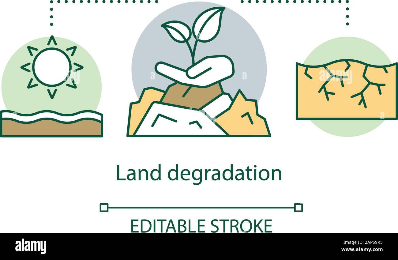 Concept de la dégradation des terres. L'érosion du sol. Région aride. Climat chaud et sec. Zone de l'extrême l'agriculture. La désertification idée fine ligne illustration. V Illustration de Vecteur