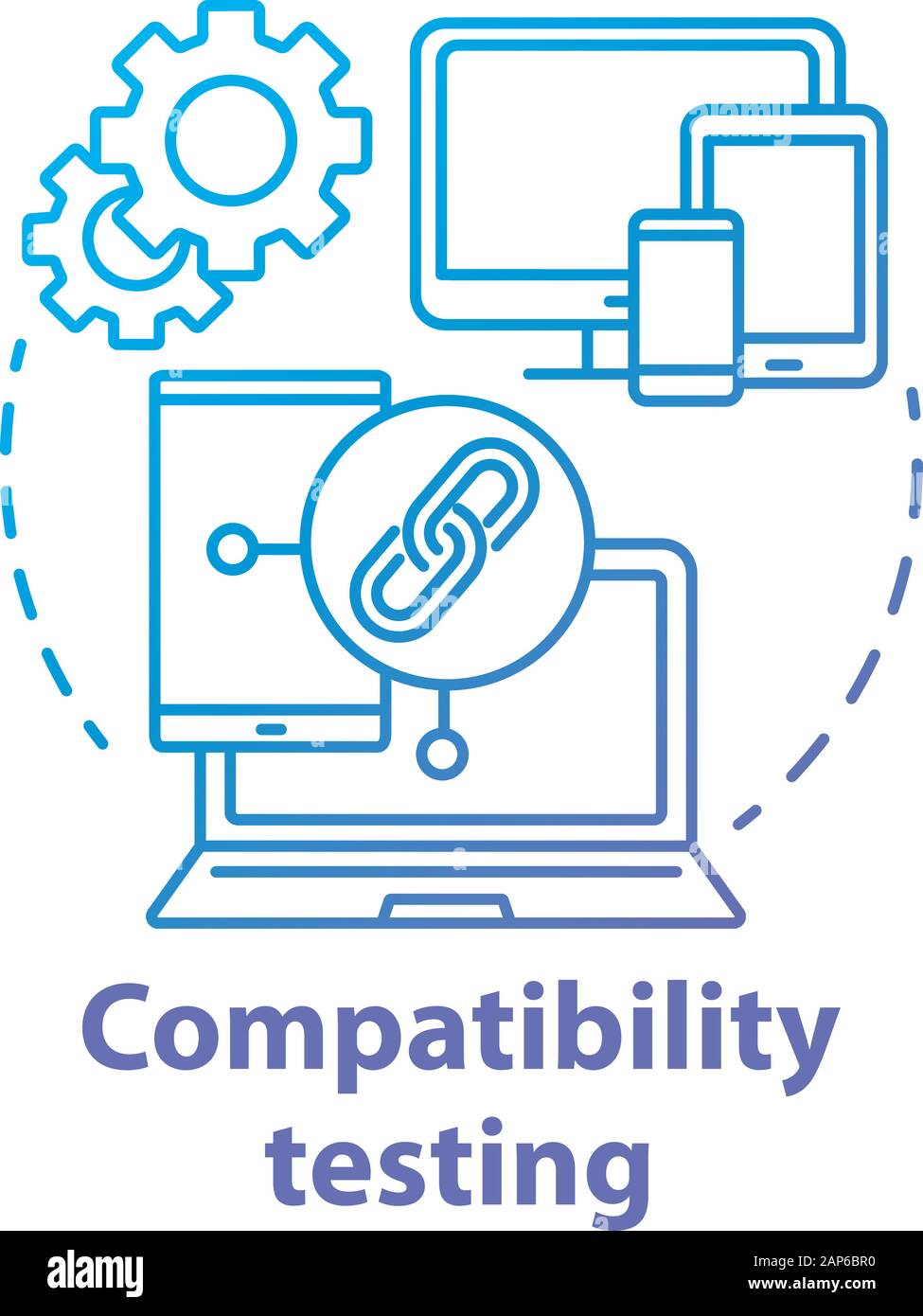 Évaluation de la compatibilité, l'icône de concept. Examen non fonctionnels. Logiciel de contrôle sur différents périphériques idée fine ligne illustration. Vector ou isolés Illustration de Vecteur