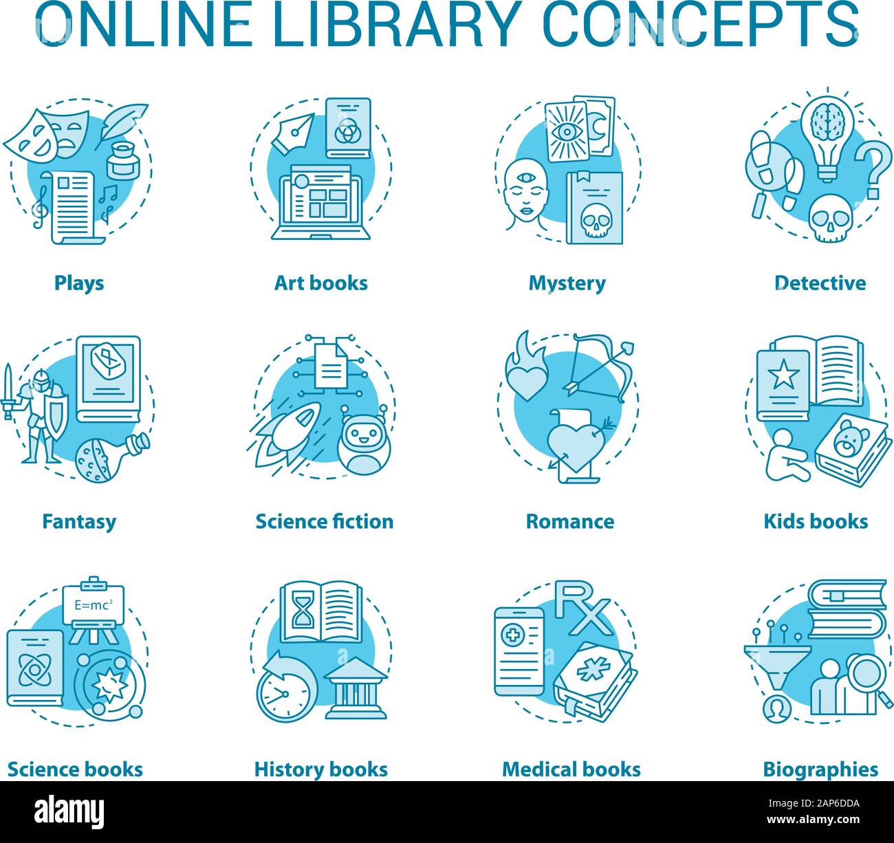 Bibliothèque en ligne concept turquoise icons set. Livre catalogue idée fine ligne illustrations. Fantasy, biographies, médecine, histoire, romance et mystère typ Illustration de Vecteur