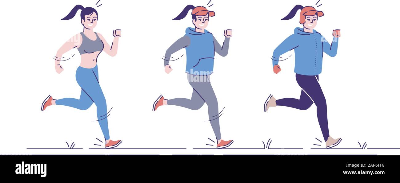 L'exécution de femme télévision vector illustration. Formation sport toute l'année. Le jogging caucasian girl dans différents vêtements saisonniers cartoon isolés chara Illustration de Vecteur