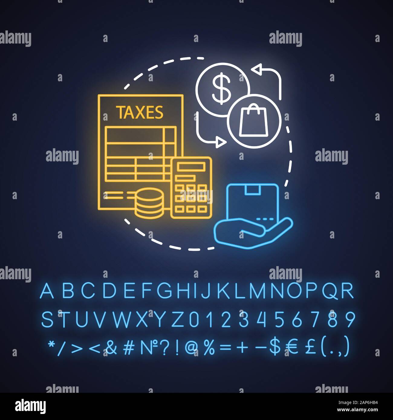 Les taxes de vente neon light concept icône. Le paiement des parts de revenu au gouvernement pour la vente de marchandises idée. La taxation de la valeur ajoutée. Signe rougeoyant avec alphabet, numbe Illustration de Vecteur