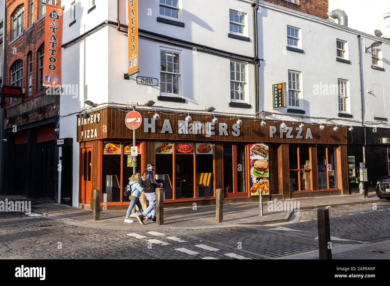 Restaurant Harpers Pizza and burger, rue Slater, Liverpool Banque D'Images