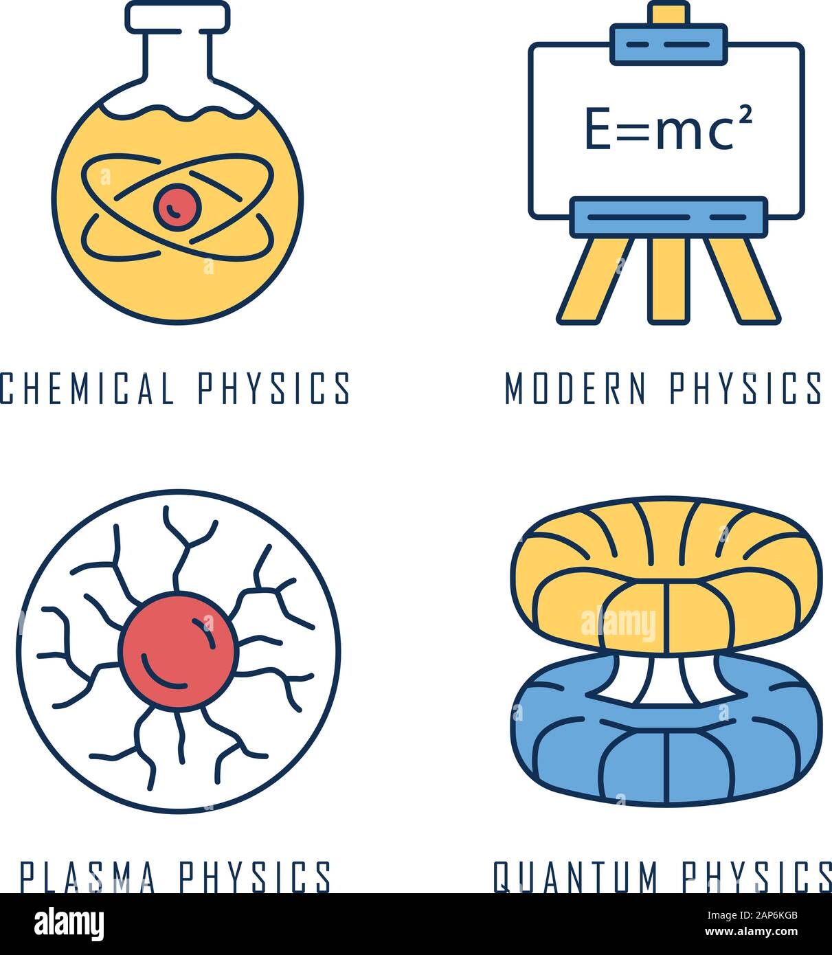 Branches de physique icons set couleur. Moderne, chimiques, de plasma et de la physique quantique. La mécanique quantique, les phénomènes physico-chimiques disciplines de l'apprentissage. Sci Illustration de Vecteur