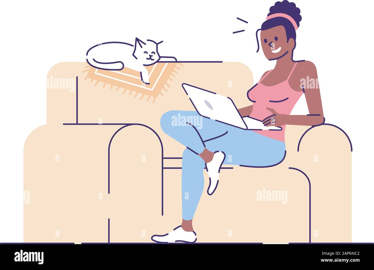 Smiling girl sur canapé avec télévision portable illustration vectorielle. Freelancer au travail. Dame et dormir sur la table chat personnages isolés avec contours Illustration de Vecteur