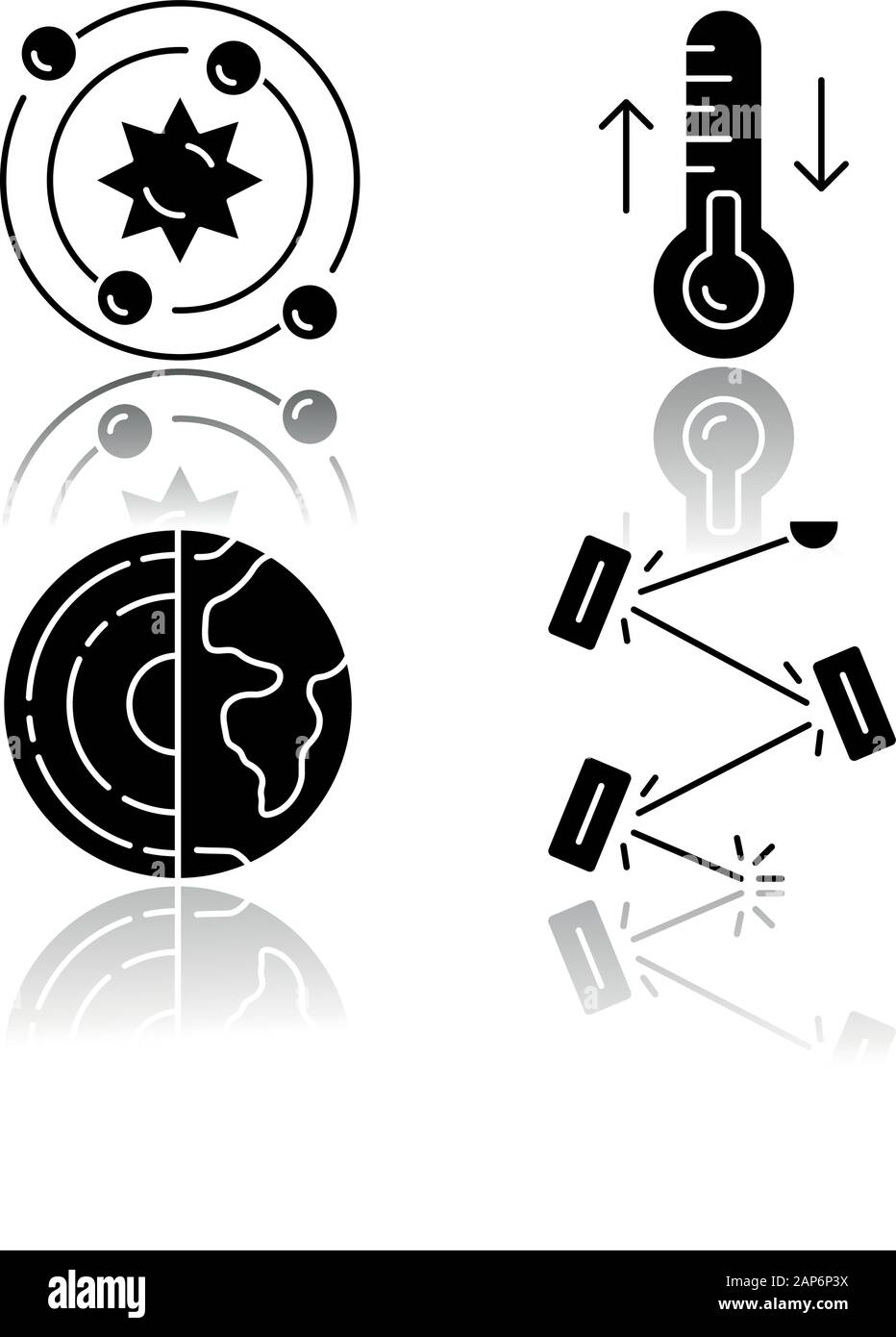 Les branches de la physique noir ombre glyph icons set. La géophysique, la thermodynamique, l'astrophysique et la physique des lasers. Les processus physiques et les phénomènes. Co Illustration de Vecteur