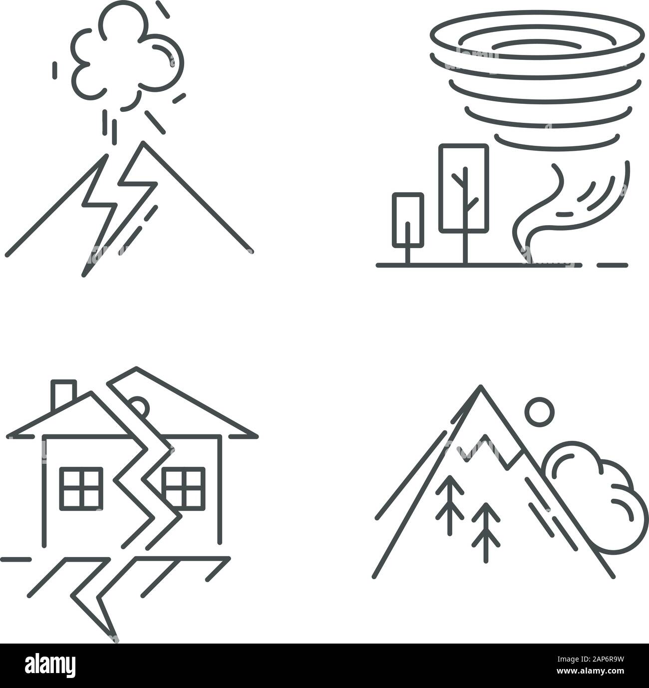Catastrophe naturelle icons set linéaire. Éruption volcanique, tremblement de terre, tornade, avalanche. La gestion des urgences. Fine ligne contour des symboles. Vecteur isolé Illustration de Vecteur