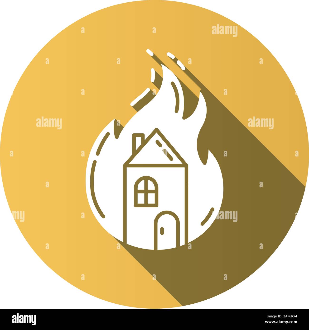 Feu à la maison design plat jaune ombre portée de l'icône de glyphe. Immeuble en feu. Incendie volontaire de biens. Accueil de la combustion. Ne pas tenir compte de règlement sur la sécurité-incendie. Insur Illustration de Vecteur