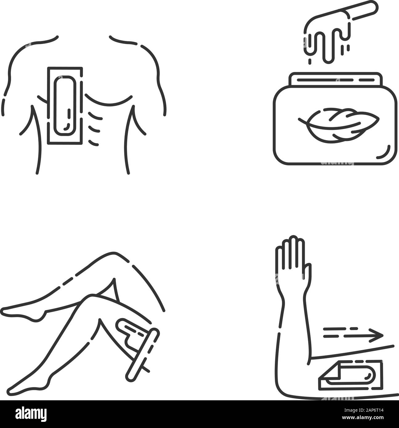 La cire Soft icons set linéaire. Poitrine, bras, jambe avec des bandes d'enlèvement de cheveux. Cire froide dans le bocal. Femme, corps de l'homme l'épilation. Fine ligne contour des symboles. Isol Illustration de Vecteur