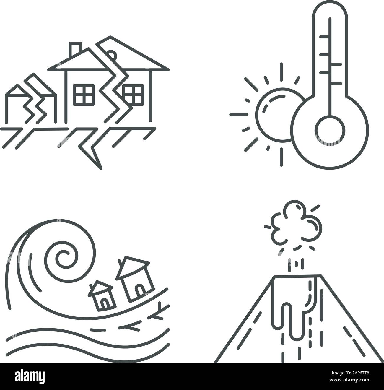 Catastrophe naturelle icons set linéaire. Tremblement de terre, tsunami, prévisions météorologiques, d'éruption volcanique. Risques globaux. Fine ligne contour des symboles. Vecto isolés Illustration de Vecteur