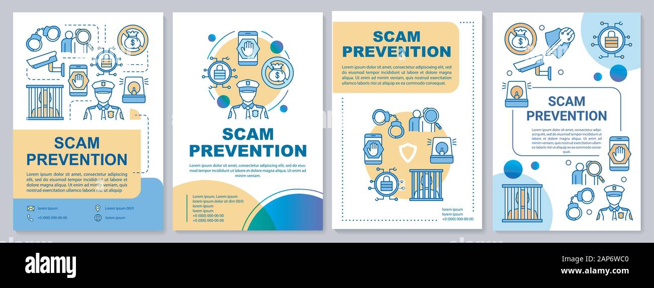 Modèle de brochure de prévention de l'escroquerie. Protection contre la fraude, flyer, dépliant, brochure, couverture avec illustrations linéaire. L'arrêt des actions illégales. Vector Illustration de Vecteur
