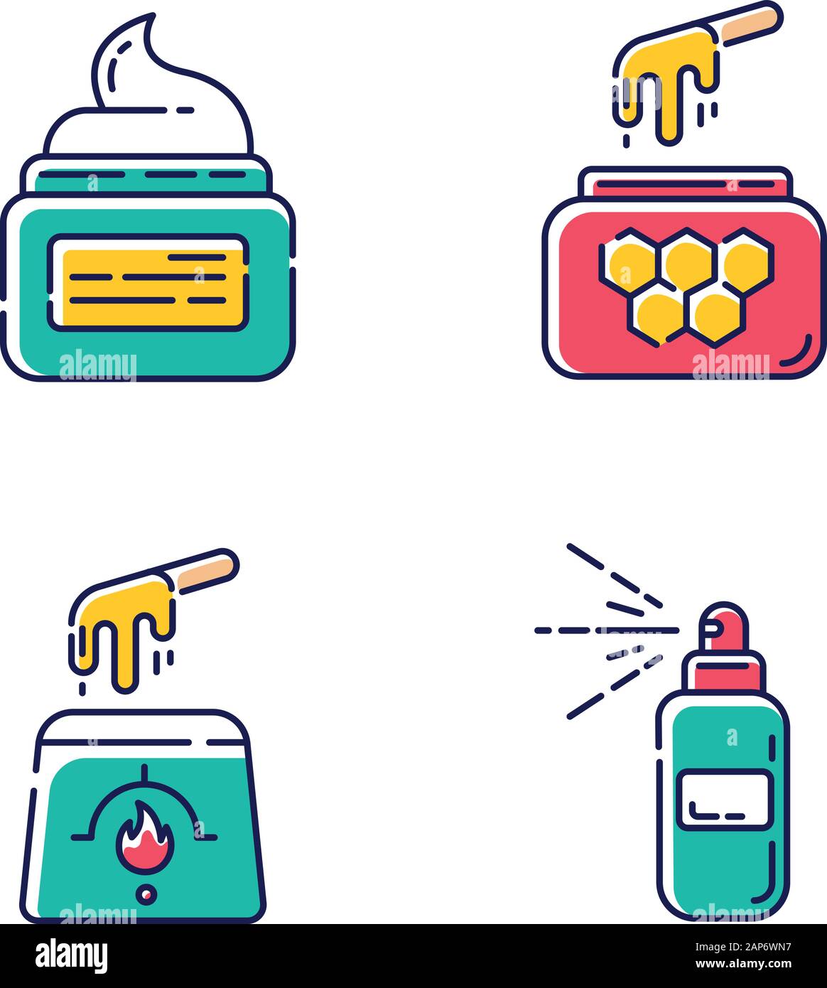 Cire naturelle couleur bleu icons set. Chaud, doux, le miel de la cire dans un bocal. L'équipement d'enlèvement de cheveux. Spray Corps pour l'épilation. Traitement de beauté professionnels cos Illustration de Vecteur