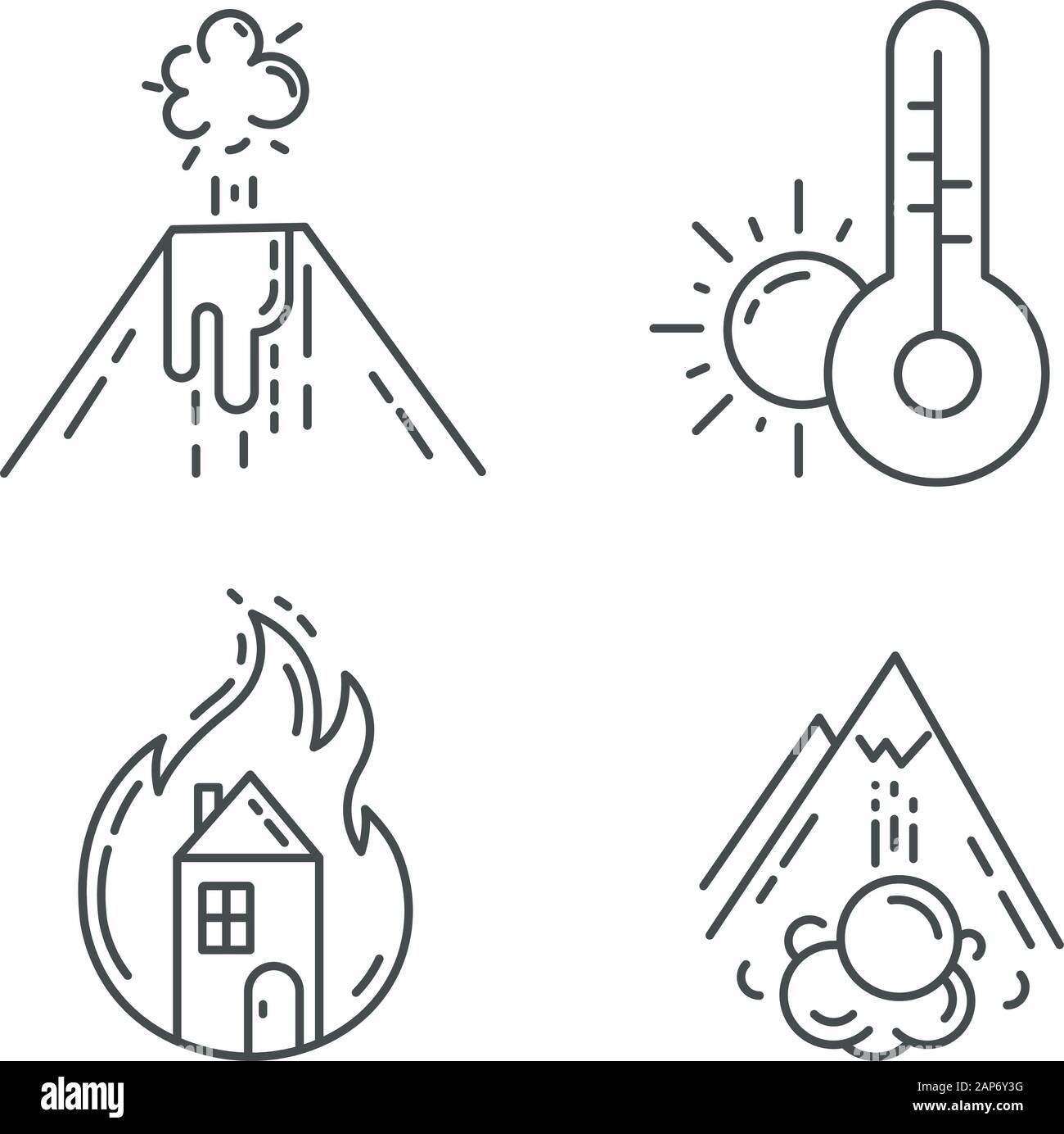 Catastrophe naturelle icons set linéaire. Éruption volcanique, la météo, le feu, l'avalanche. Cas d'assurance. Fine ligne contour des symboles. Vecteur isolé ou Illustration de Vecteur
