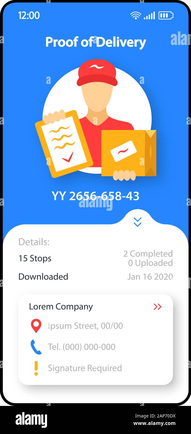 Une preuve de livraison smartphone interface vector modèle. Page de l'application Mobile design bleu et blanc, mise en page. Service de messagerie l'écran. L'interface utilisateur pour l'application. Télévision Illustration de Vecteur