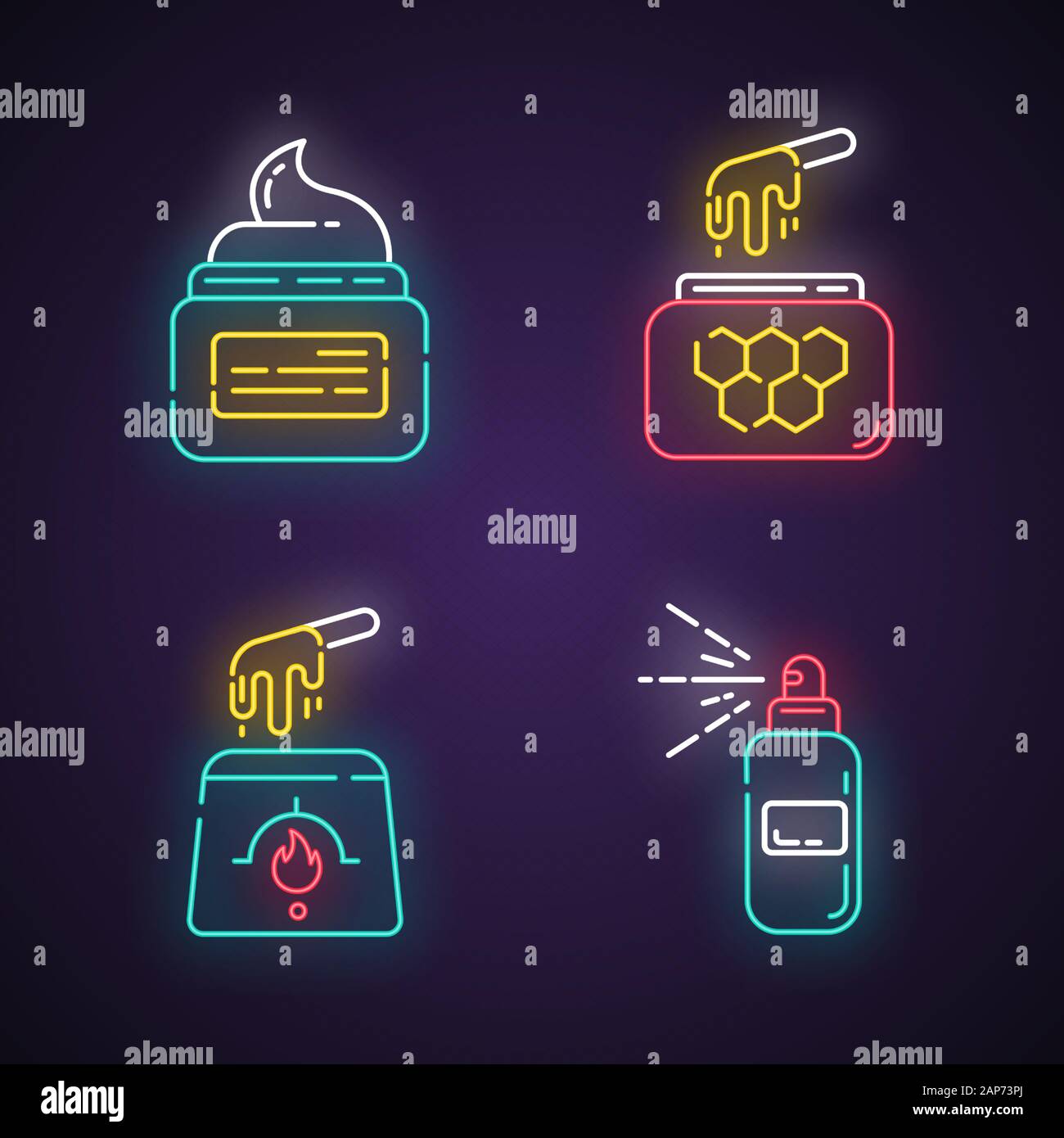 Cire naturelle neon light icons set. Chaud, doux, le miel de la cire dans un bocal. L'équipement d'enlèvement de cheveux. Spray pour l'épilation. Cosmétiques soins de beauté professionnels Illustration de Vecteur