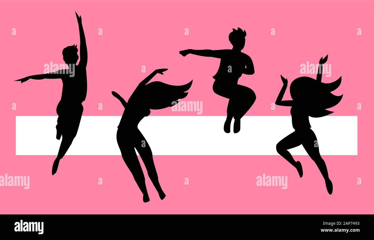 Un groupe actif de jeunes hommes et les jeunes filles sont en train de sauter et danser gaiement. Illustration Vecteur de silhouettes de personnes. Illustration de Vecteur