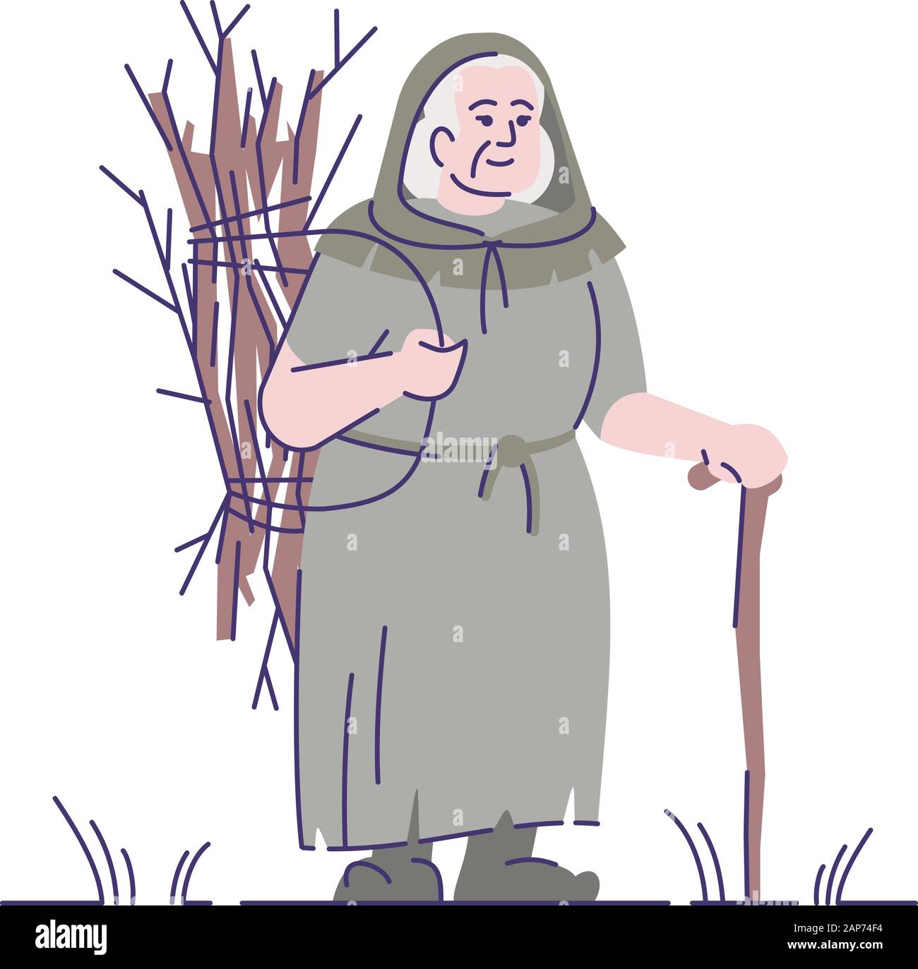 Vieille dame médiévale avec broussailles télévision vector illustration. Femme mature en costume paysan historique transportant des brindilles sèches personnage isolé avec Illustration de Vecteur