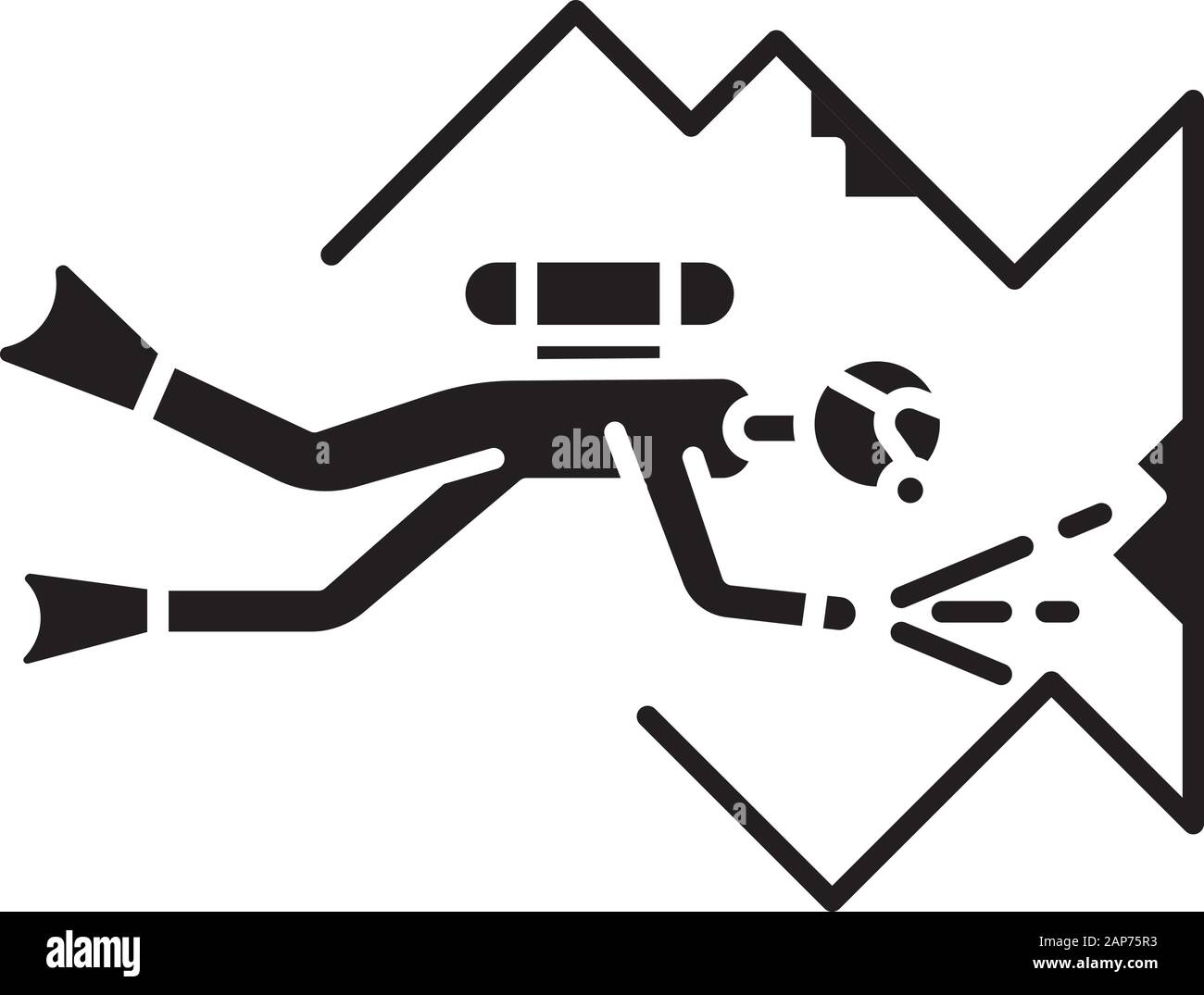 Icône glyphe plongée en grotte. Watersport, genre de sport extrême. L'exploration de la nature et de la faune sous-marine. Vacances d'activité et passe-temps. Silhouette symb Illustration de Vecteur