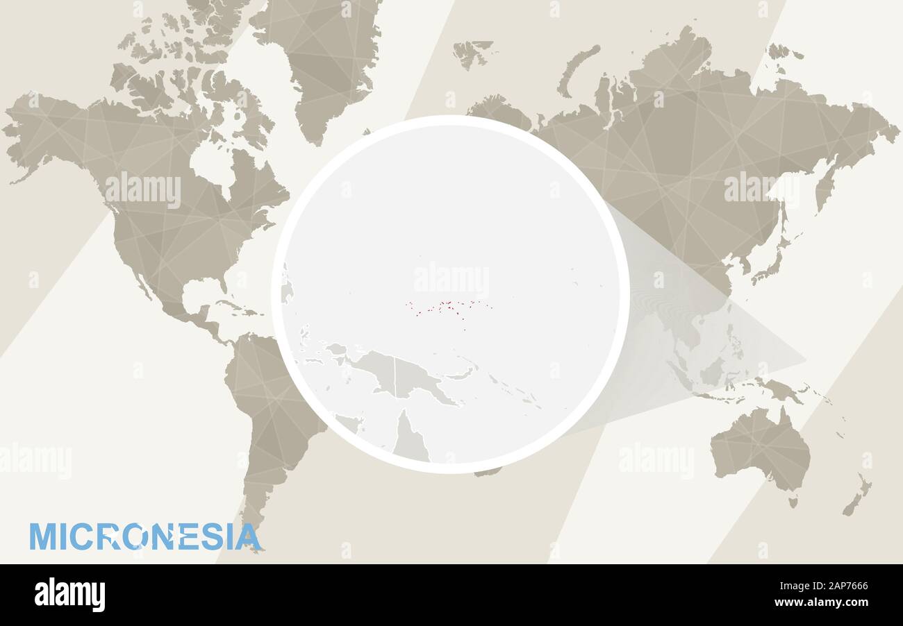 Zoom sur la carte et Drapeau Micronésie. Carte du monde. Illustration de Vecteur