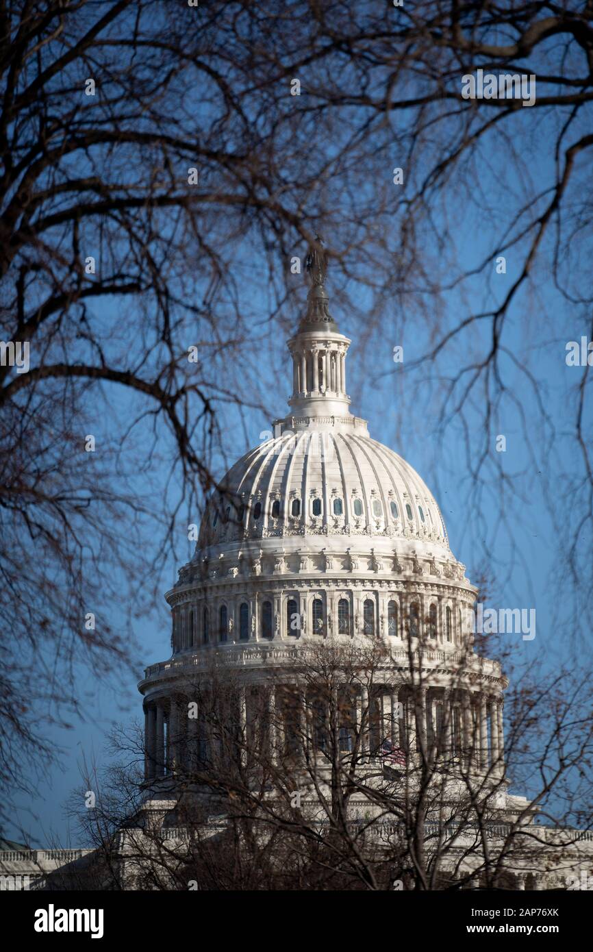 Washington, USA. 21 Jan, 2020. Le Capitol est perçue à Washington, DC, États-Unis, le 21 janvier 2020. Le procès d'impeachment contre le président américain Donald Trump a débuté mardi au Sénat que la Chambre a débattu, et sera plus tard, vote sur une résolution stipulant les règles qui guident le processus. Credit : Liu Jie/Xinhua/Alamy Live News Banque D'Images