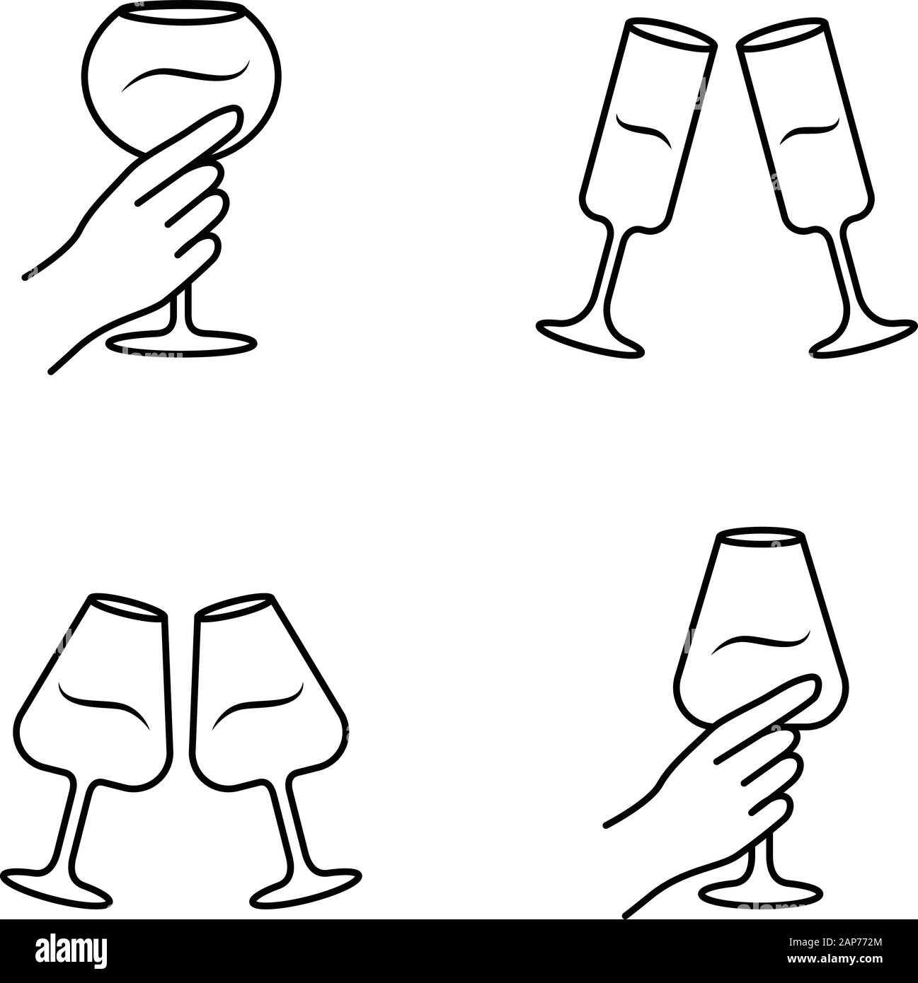 Service vin icons set linéaire. Tintement des verres à vin. Mains tenant un verre d'alcool. La célébration. La verrerie. Cheers. Fine ligne contour des symboles. Isoler Illustration de Vecteur