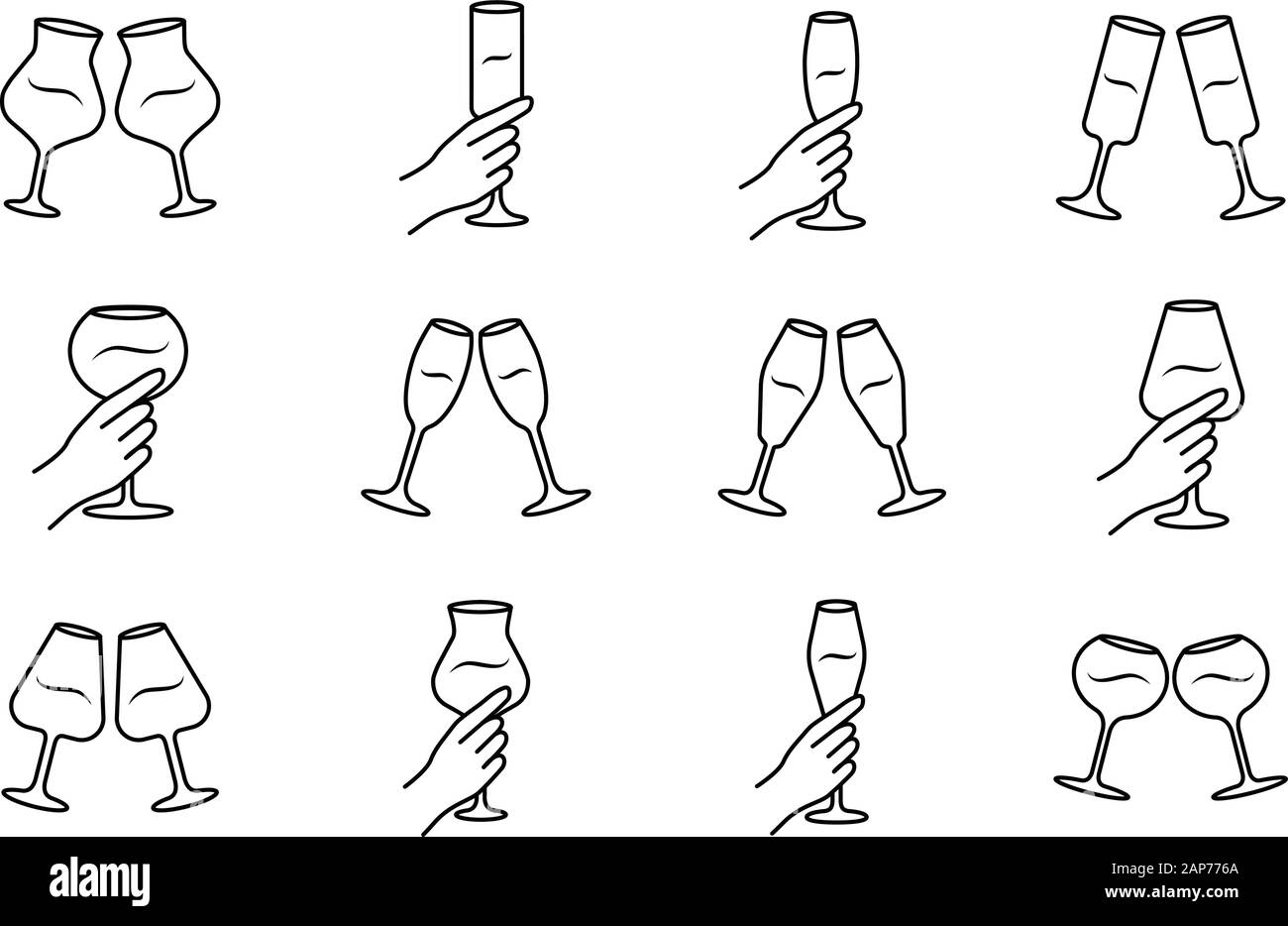 Service vin icons set linéaire. Tintement des verres de vin et champagne. Hands holding wineglasses. La célébration. Pain grillé. Fine ligne contour des symboles. Isola Illustration de Vecteur