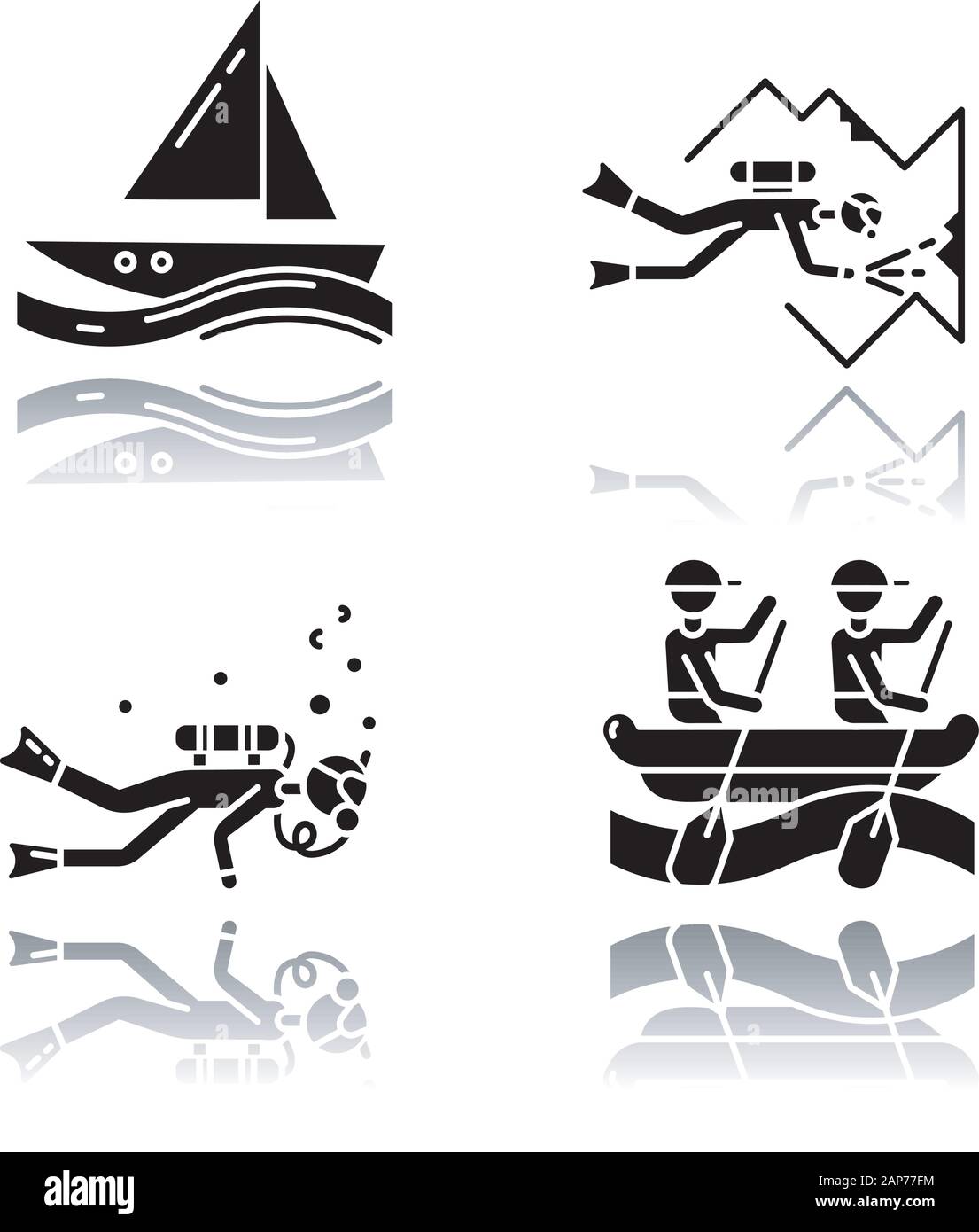Sports d'ombre portée glyphe noir icons set. Grotte sous-marine, voile et le rafting. Types de sport extrême. Des vacances d'été, aventure et passe-temps, une plage Illustration de Vecteur