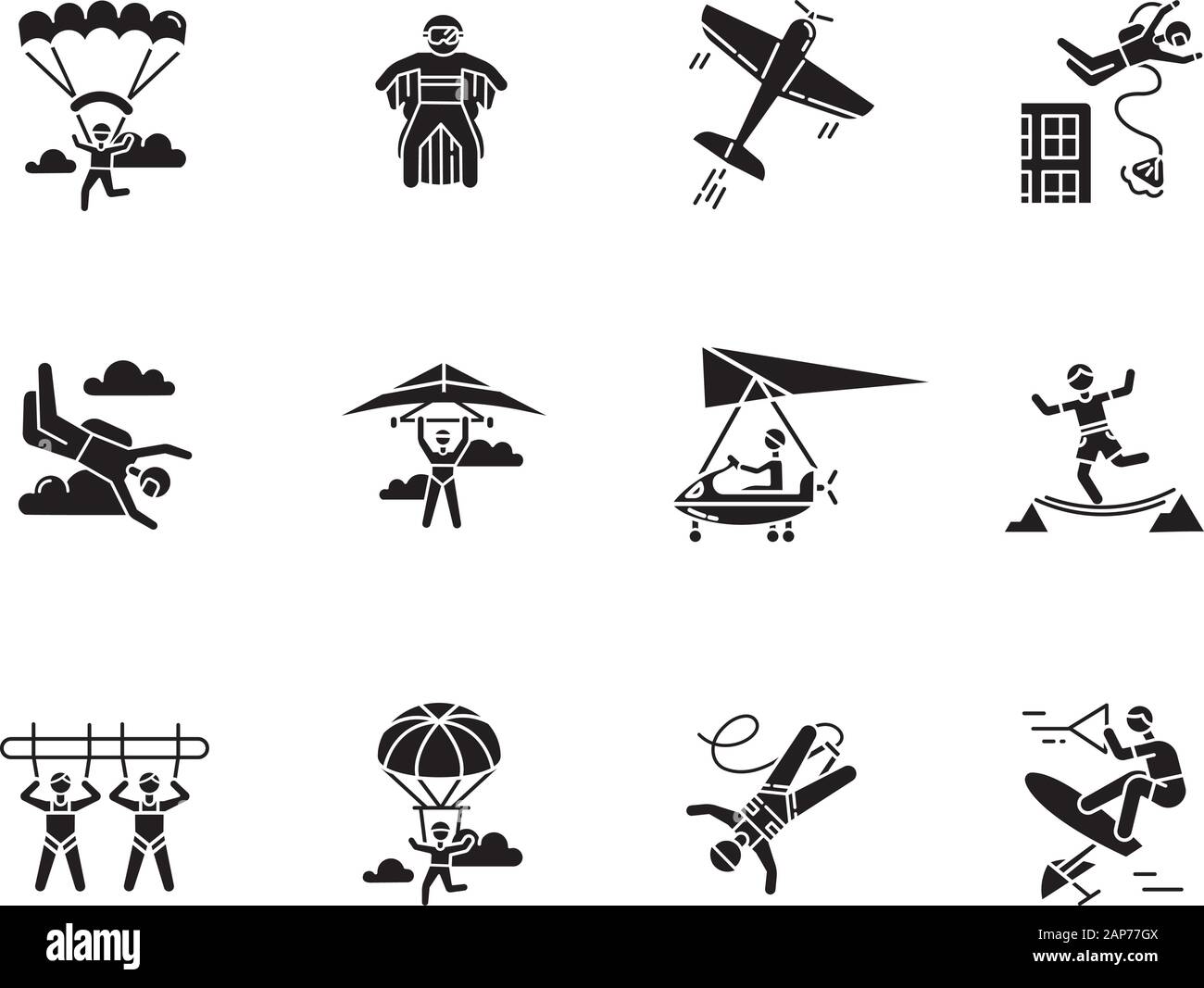 Sport extrême de l'air glyphe icons set. Le parachutisme, parachutisme, wingsuiting. Activités de plein air. Le parapente, la voltige aérienne et le saut. Ent l'adrénaline Illustration de Vecteur