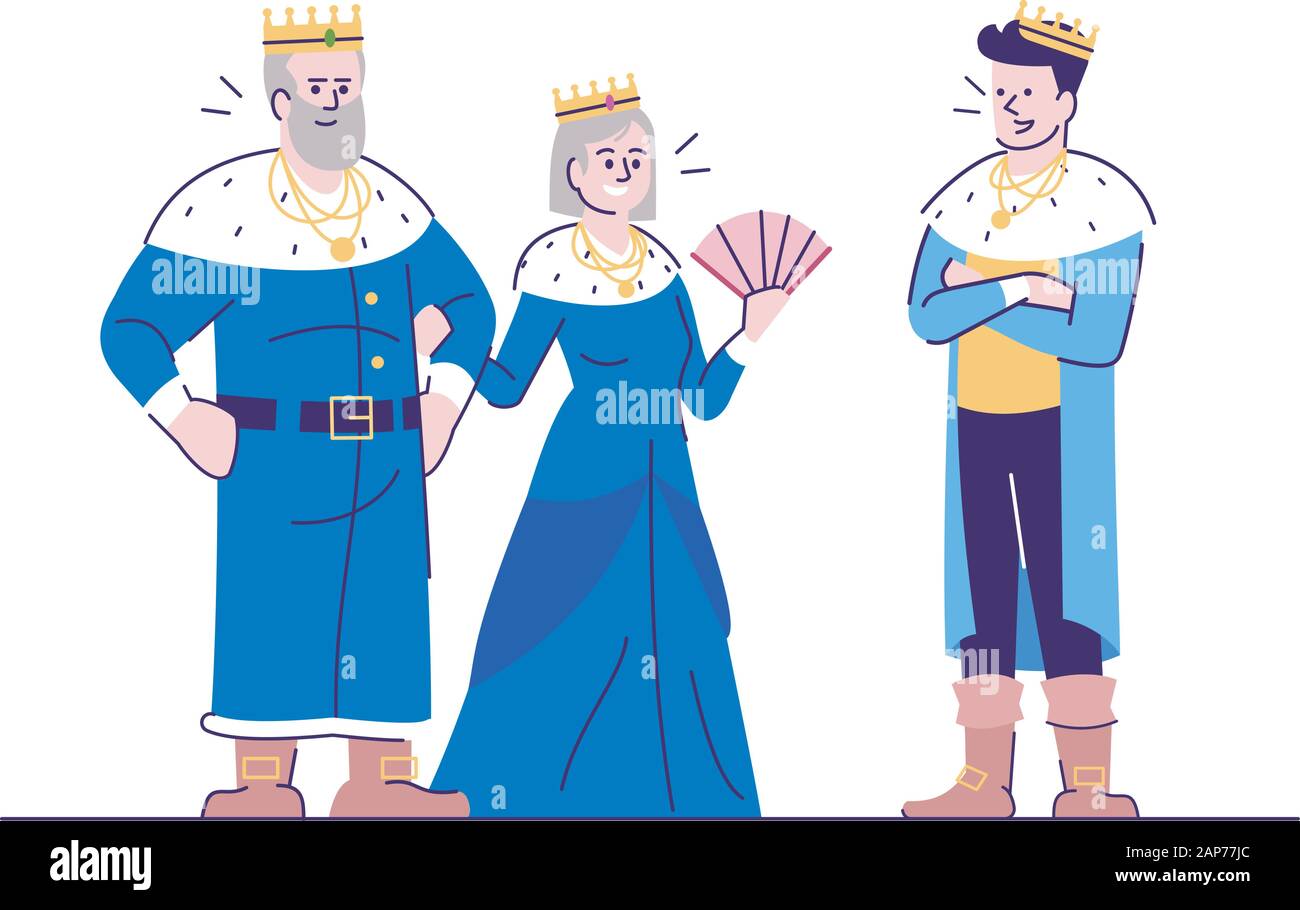 Roi médiéval, la reine et le prince télévision vector illustration. Royaume des dirigeants avec fils personnages isolés avec éléments contour blanc sur backgroun Illustration de Vecteur