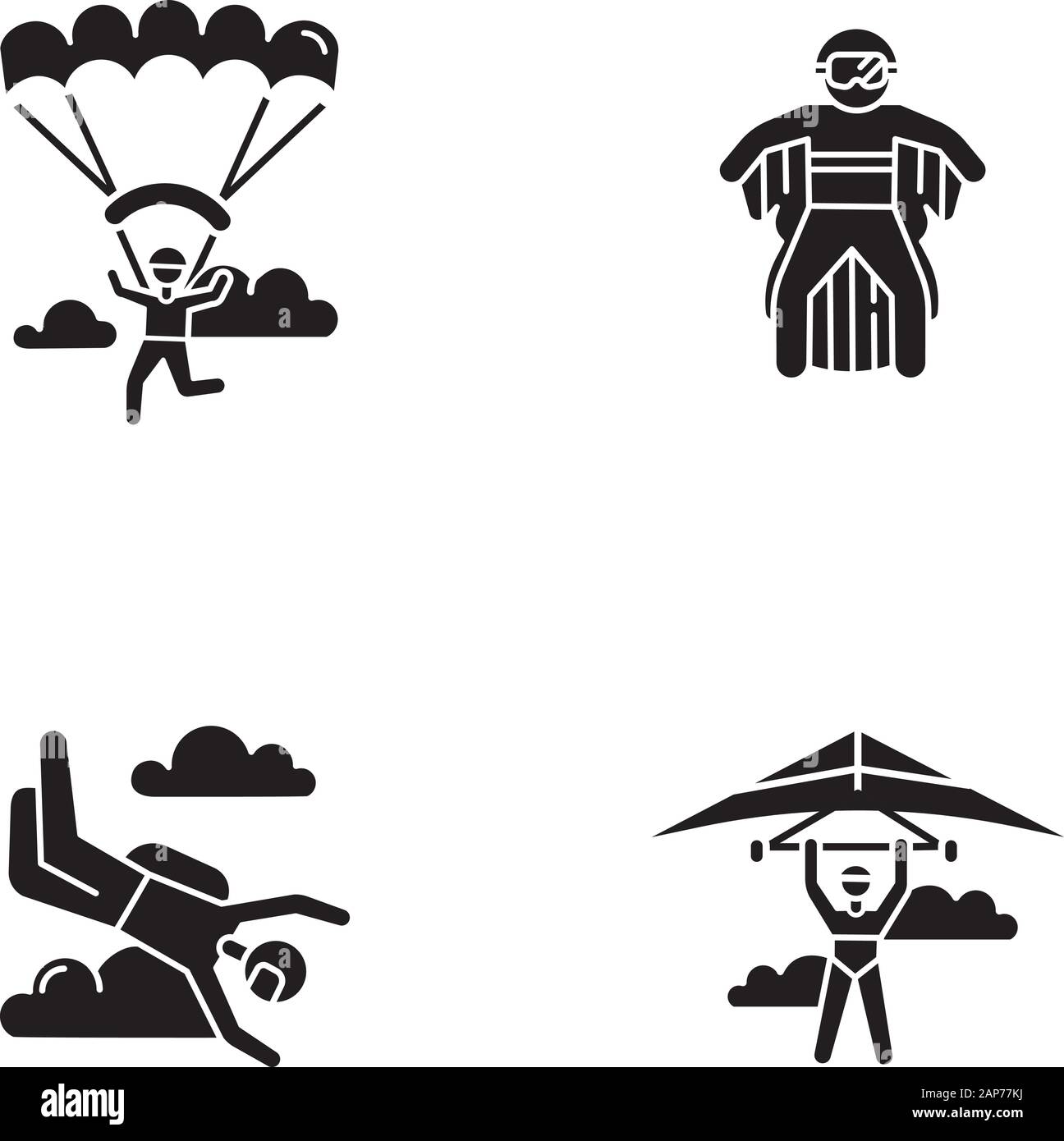 Sport extrême de l'air glyphe icons set. Deltaplane, parachutisme, parapente et correspondant à l'aile. Activités de plein air. L'adrénaline et de divertissement risqué recre Illustration de Vecteur