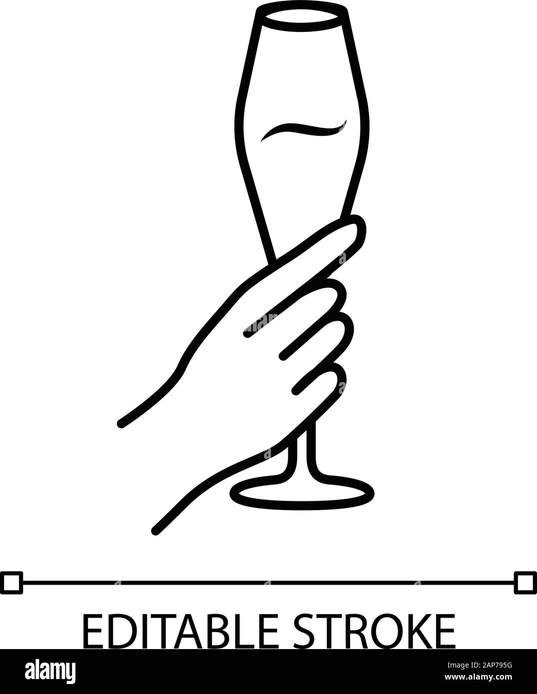Main tenant le verre à vin tulipe icône linéaire. Flûte de champagne. Grands verres d'alcool boire. Service du vin. Cheers. Fine ligne illustration. Symbole de contour. V Illustration de Vecteur