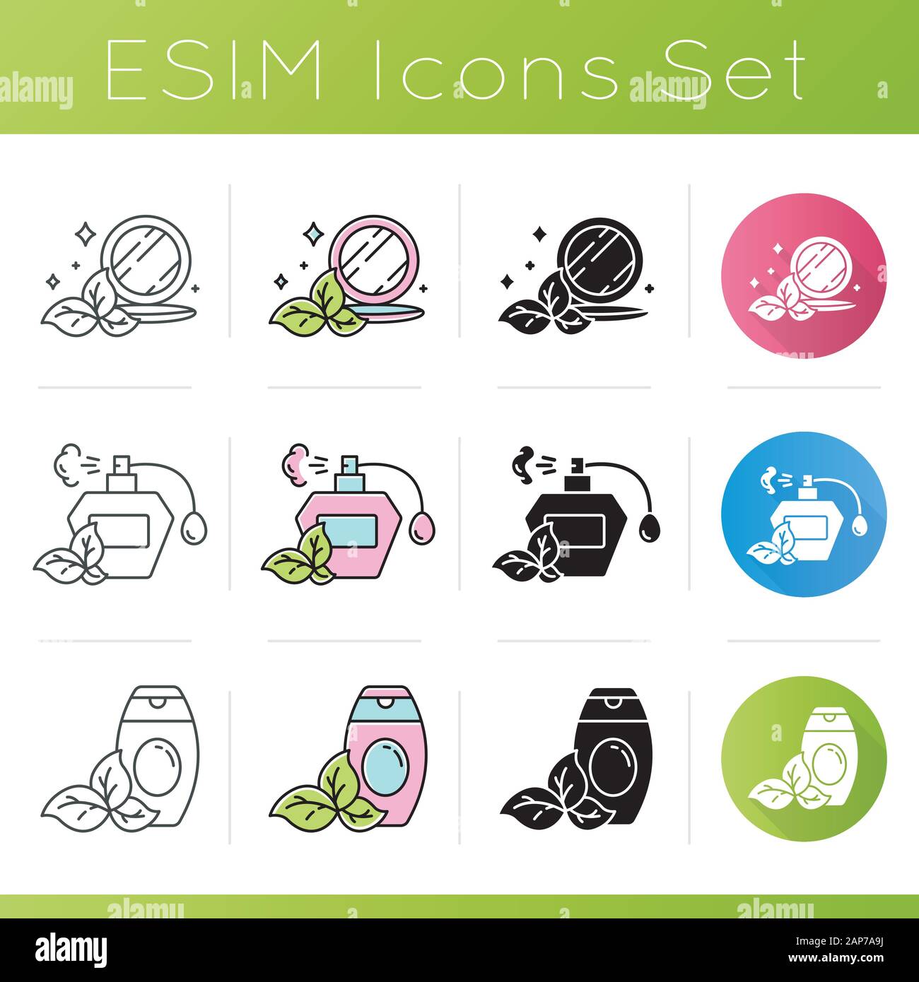 Cosmétiques biologiques icons set. Parfum, parfum. Gel douche, gel douche. Poudre maquillage appuyé. Eco Les produits de beauté. Modèle plat, linéaire, noir et c Illustration de Vecteur