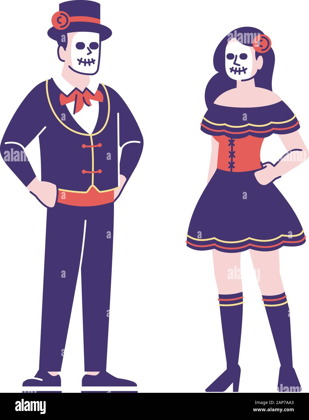 Les gens qui portent des costumes mexicain jour morts télévision illustrations vectorielles. Dia de los Muertos célébration tenues. Les personnages de dessins animés avec contours ele Illustration de Vecteur