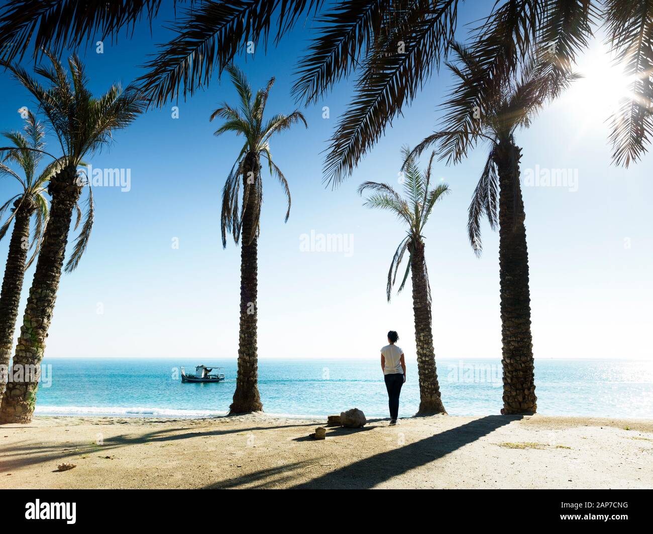 Femme contemplant la mer entre palmiers sur la plage de Playamar, à Torremolinos, Malaga, Espagne Banque D'Images