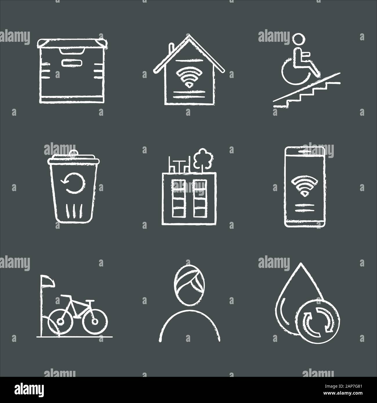 Apartment amenities chalk icons set. Stockage, smart home, l'accès en fauteuil roulant, le recyclage, la terrasse sur le toit, aux accès, garage à vélo, spa, l'eau filtr Illustration de Vecteur