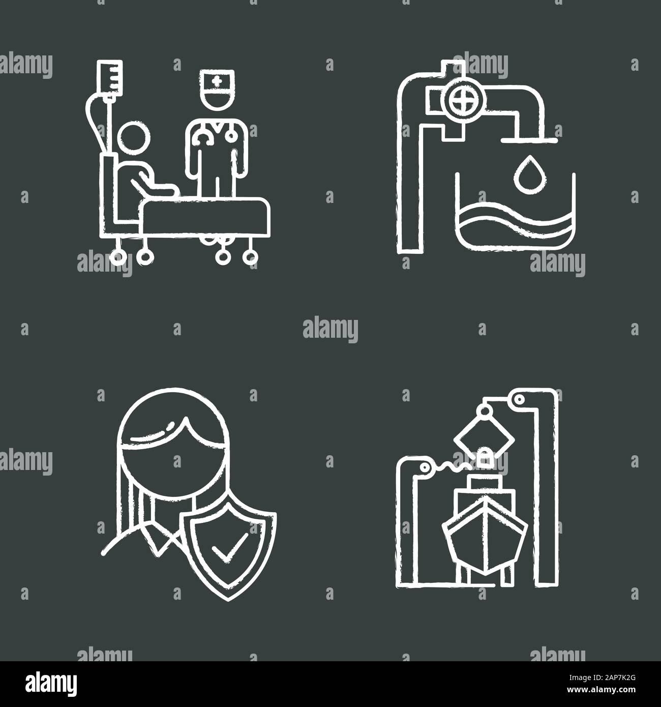 Types d'Industrie craie icons set. Les services de santé. L'approvisionnement en eau. L'assurance-vie. La production de la construction navale. Bateau, navire, véhicule marin. Clinique, medica Illustration de Vecteur