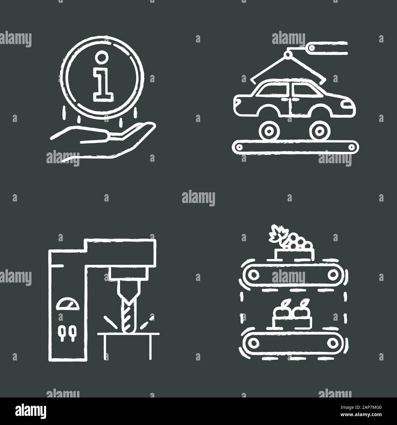 Types d'Industrie craie icons set. L'ingénierie automobile. Signal d'information. Industrie de l'acier. La production de fruits. La réparation automobile. Usine du véhicule. S de l'alimentation Illustration de Vecteur