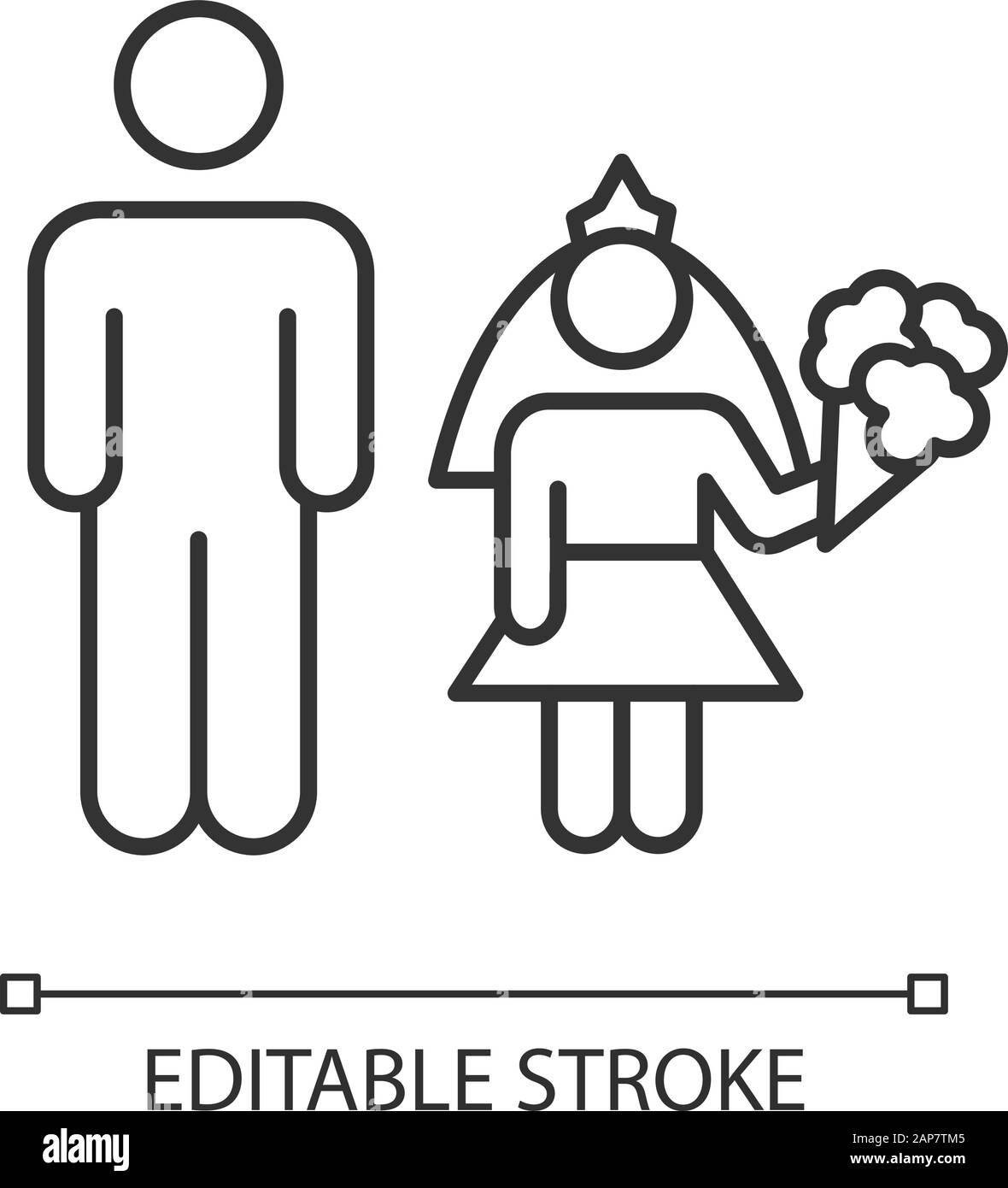 Icône linéaire mariage enfant. Marié et mariée. Mariage obligatoire. Femmes, droits des hommes. Pas de consentement. Illustration de la ligne fine. Symbole de contour. isol vectoriel Illustration de Vecteur