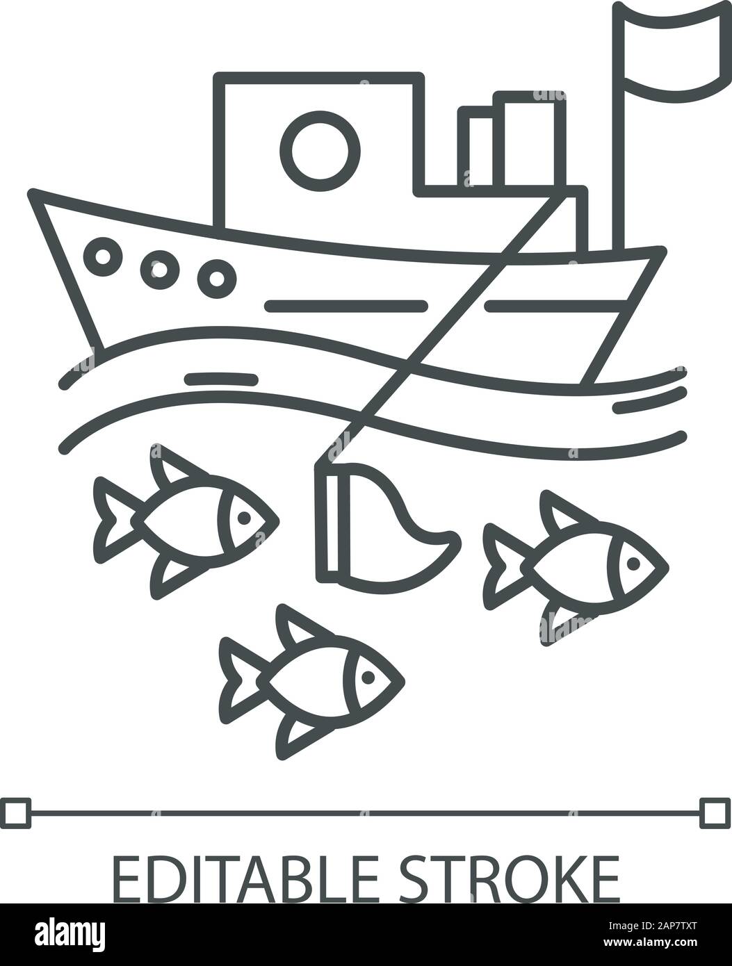 Icône linéaire de l'industrie de la pêche. Icône de couleur bleue. Secteur de la pêche. Activité de pêche commerciale. Affaires dans l'océan. Illustration de la ligne fine. Symbole de contour. Illustration de Vecteur