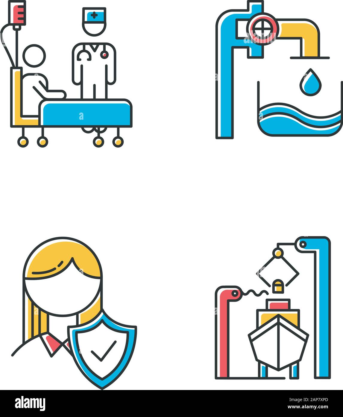 Types de secteurs d'activité, jeu d'icônes de couleur. Services de santé. Alimentation en eau. Assurance vie. Production de construction navale. Bateau, navire, véhicule marin. Clinique, medica Illustration de Vecteur