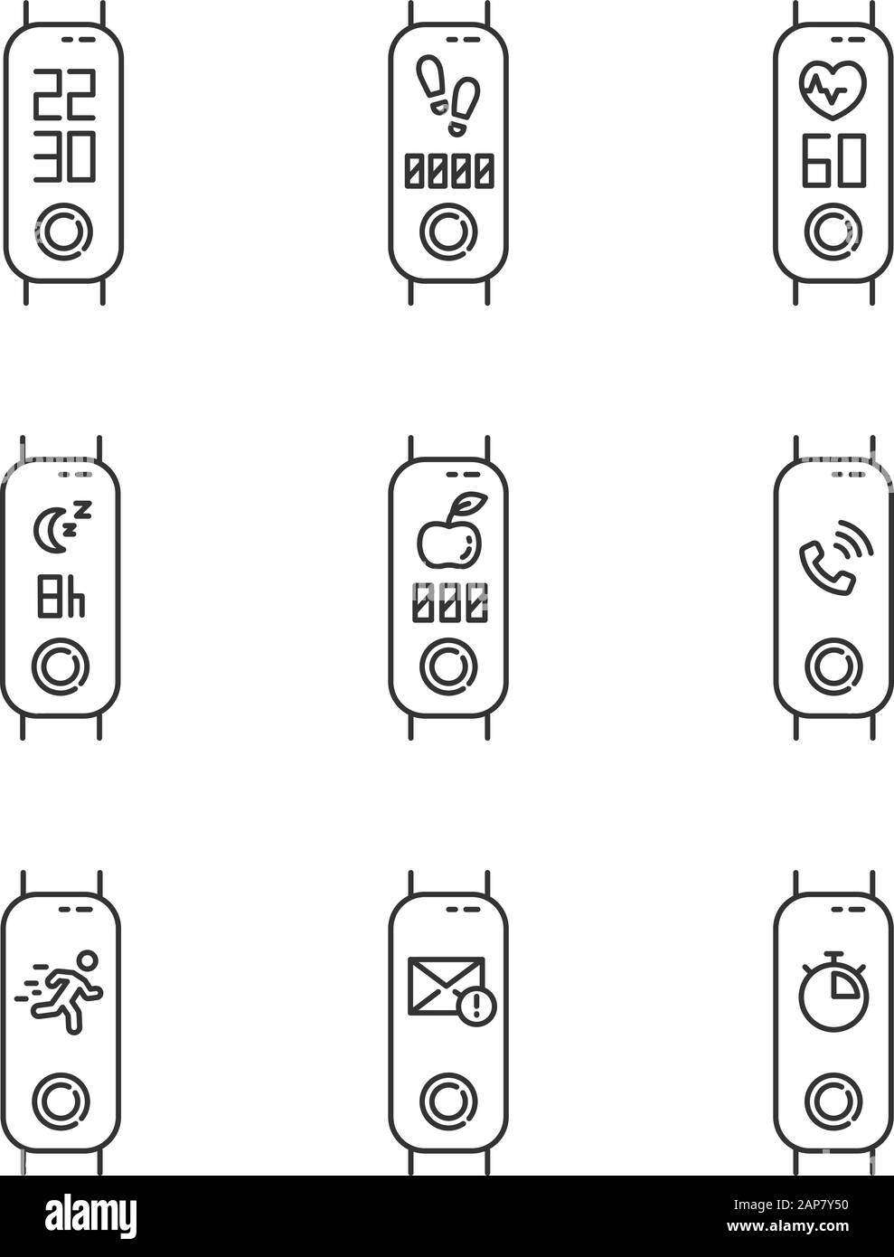 Le tracker de fitness fonctionne avec des icônes linéaires définies. Accessoire de surveillance de l'état de santé. Appareil de bien-être avec notifications et rappels. Symboles de ligne fine. Isol Illustration de Vecteur