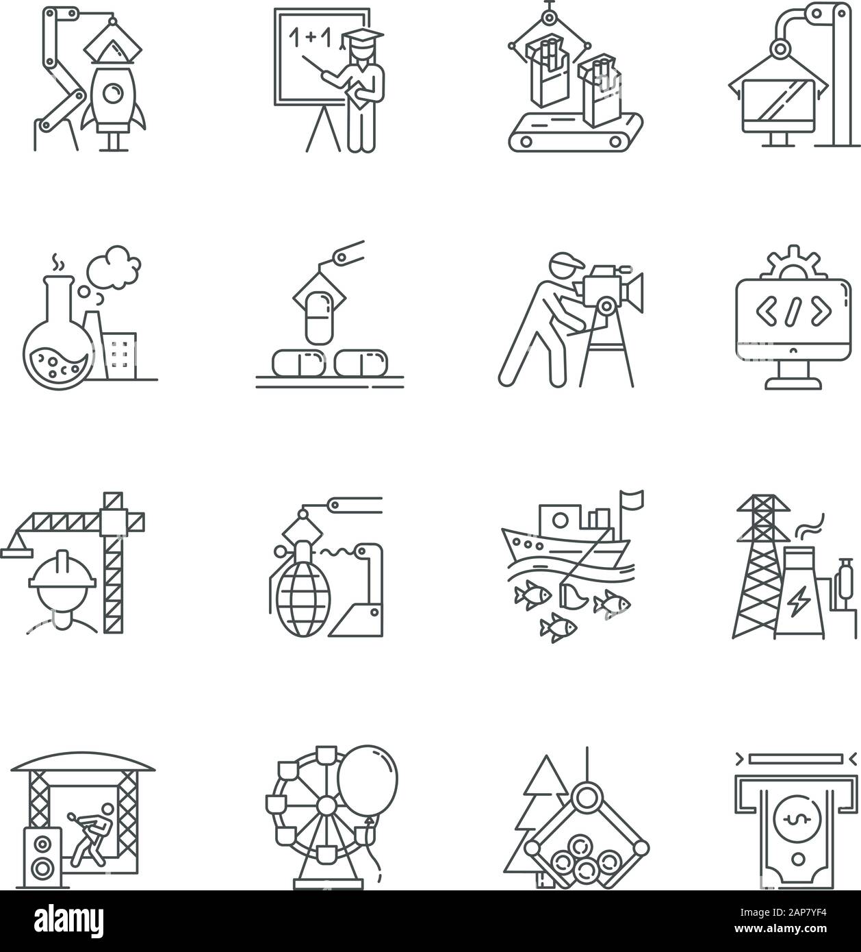 Types d'industrie jeu d'icônes linéaires. Production de biens et services. Développement technologique. Activités humaines à but lucratif. Symboles de contour de ligne mince. Isolat Illustration de Vecteur Types d'industrie jeu d'icônes linéaires. Production de biens et services. Développement technologique. Activités humaines à but lucratif. Symboles de contour de ligne mince. Isolat Illustration de Vecteur