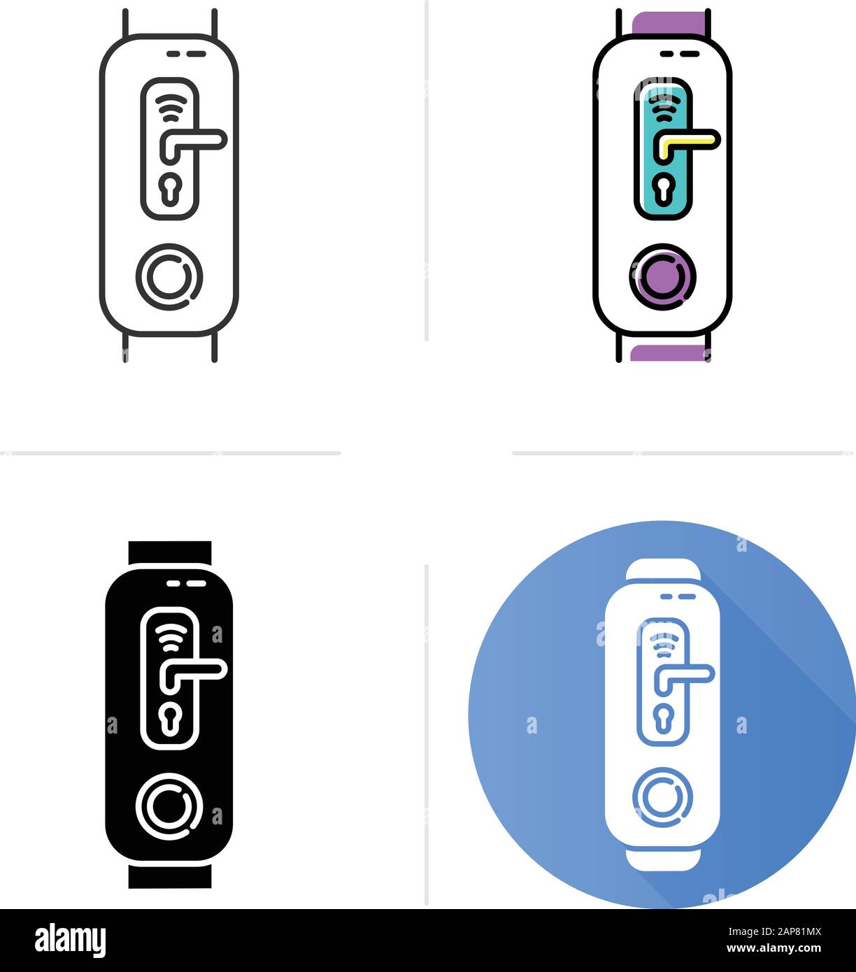Tracker de fitness avec icônes numériques de fonction de verrouillage de porte définies. Appareil portable avec option de commande intelligente à domicile. Pictogramme de poignée de porte. Linéaire, noir et co Illustration de Vecteur