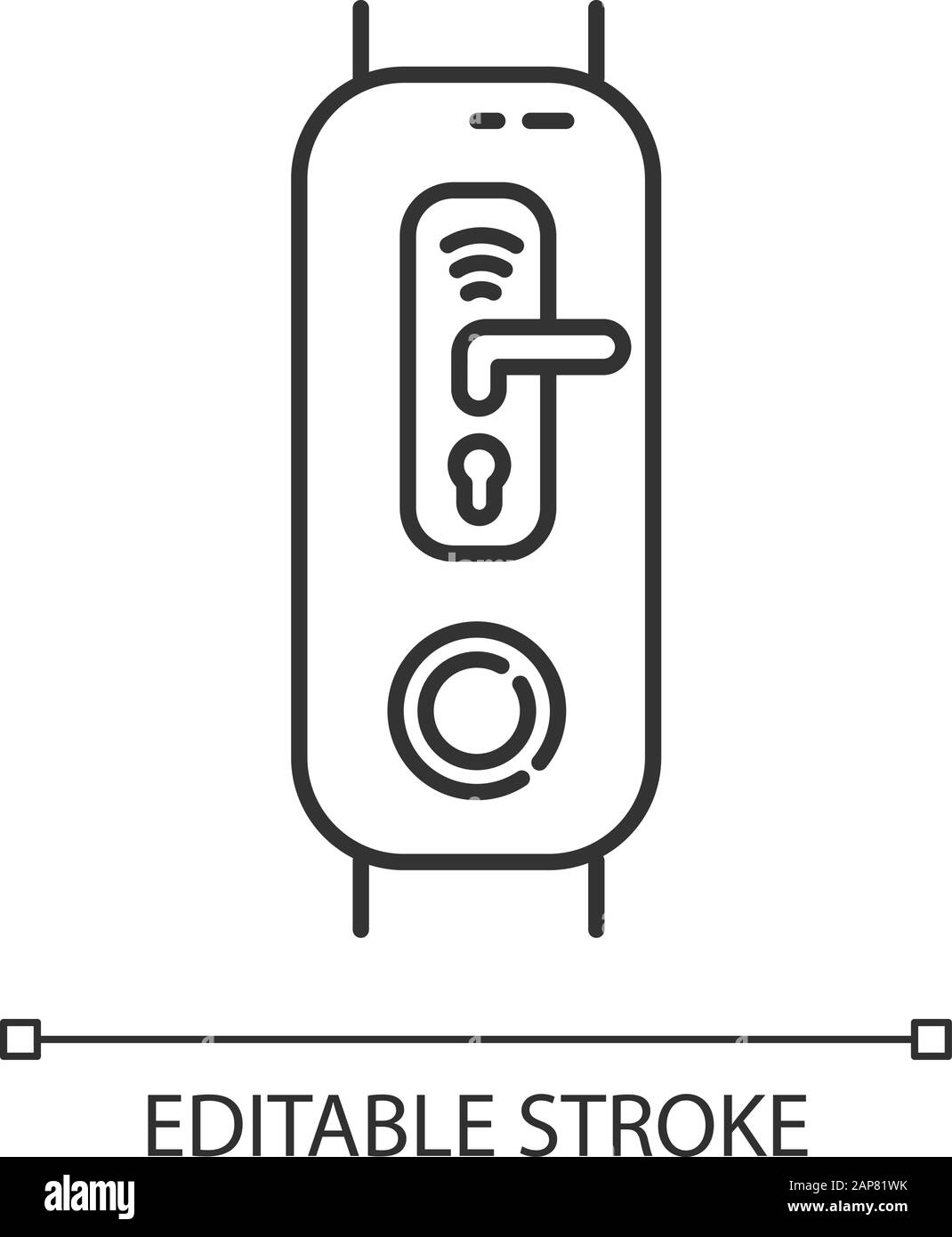 Pointeur de fitness avec icône linéaire de fonction de verrouillage numérique de la porte. Appareil portable avec option de commande intelligente à domicile. Illustration de la ligne fine. Symbole de contour. V Illustration de Vecteur