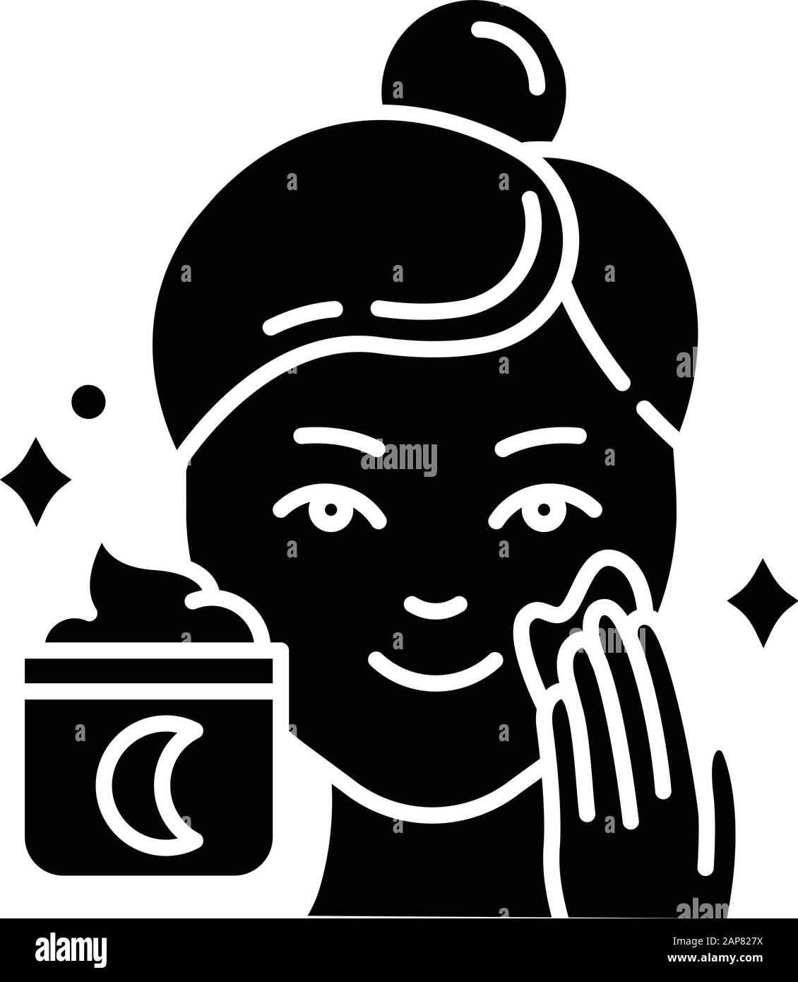 Application de l'icône de glyphe crème de nuit. Procédure de soins de la peau. Produit de traitement du visage. Crème de sommeil pour la routine de beauté. Cosmétiques, maquillage. Silhouette symbo Illustration de Vecteur
