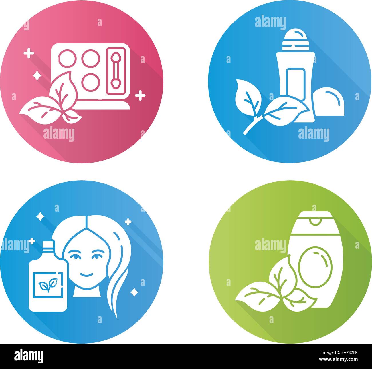 Cosmétiques organiques design plat long ombre glyphe icônes jeu. Gel douche, lavage du corps. Palette de fards à paupières. Désodorisant, antisudoriant. Articles de soin de la peau. bo éco Illustration de Vecteur