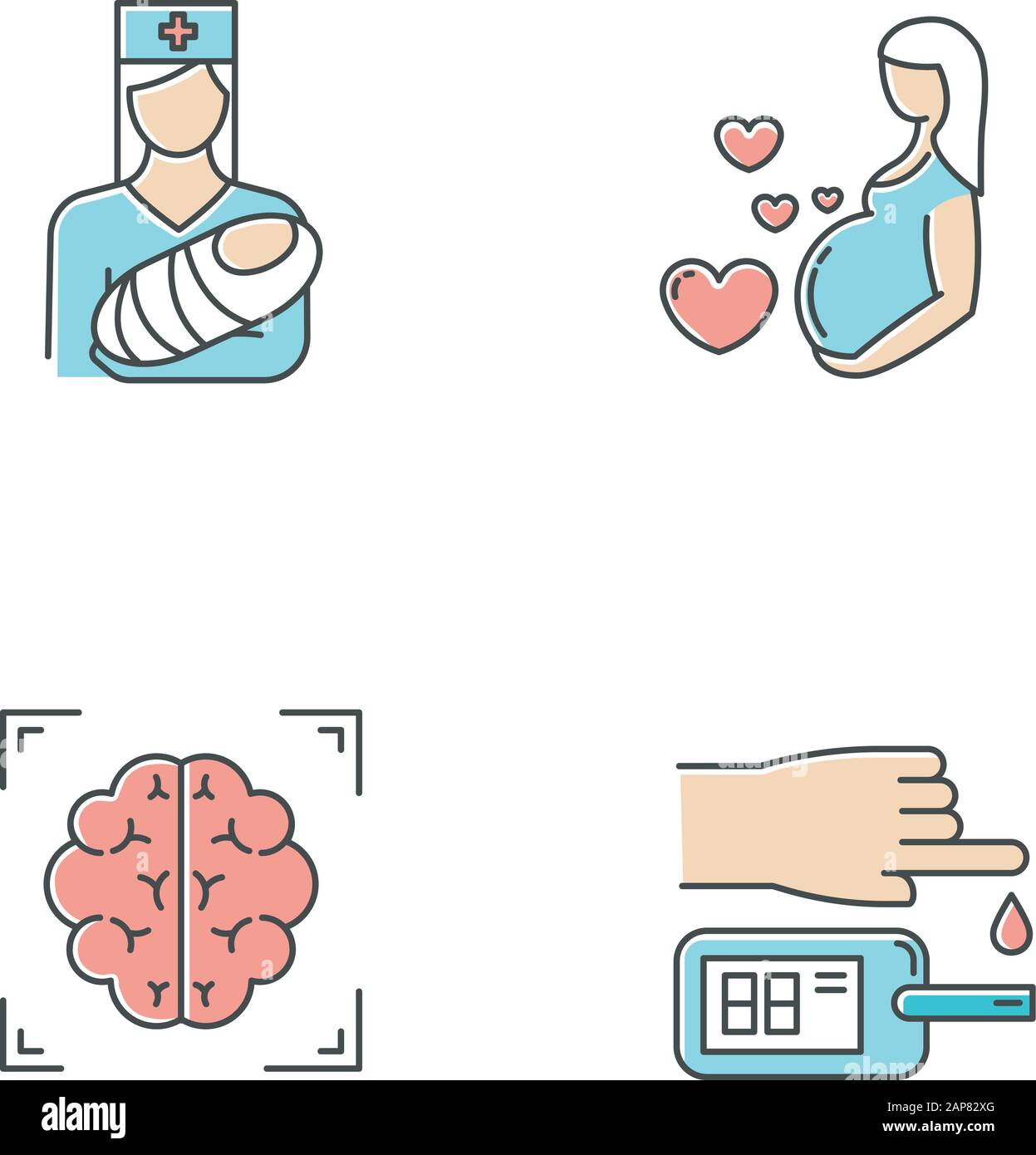 Jeu d'icônes de couleur pour les procédures médicales. Pédiatrie et soins de grossesse. Acquisition cérébrale. Test sanguin. Aide médicale. Maternité, parentalité. Infirmière avec bébé. Ne Illustration de Vecteur