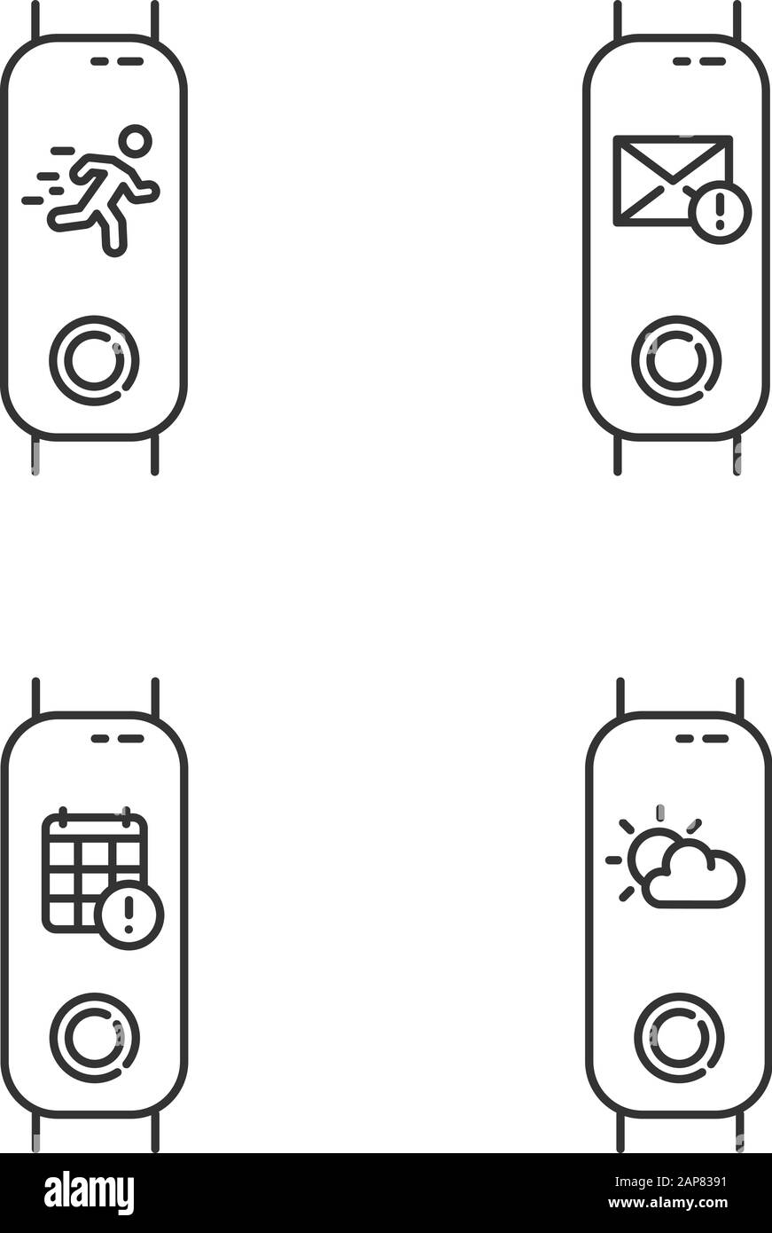 Les icônes linéaires des notifications de suivi de fitness sont définies. Appareil de bien-être avec prévisions météorologiques. Gadget avec calendrier, rappel par e-mail. Symboles de ligne fine. Isoler Illustration de Vecteur