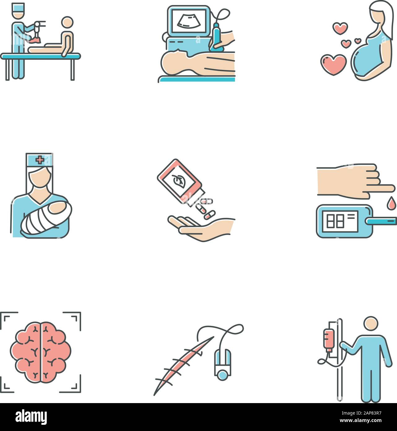 Jeu d'icônes de couleur pour les procédures médicales. Prothèses de jambe. Diagnostic par ultrasons. Soins de grossesse et pédiatrie. Homéopathie. Test sanguin. Acquisition cérébrale. Stitchi Illustration de Vecteur