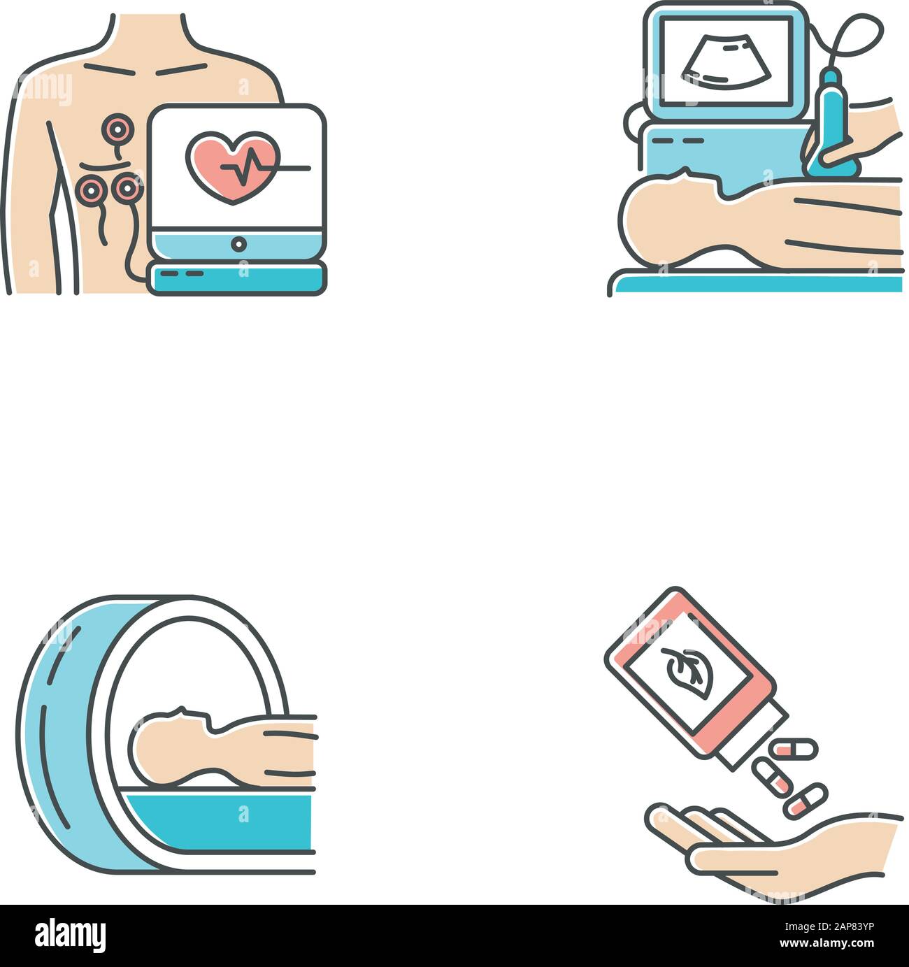 Jeu d'icônes de couleur pour les procédures médicales. Électrocardiogramme. Diagnostics échographiques. Tomographie. Examen du cerveau pour la tumeur. Homéopathie. Pilules organiques. Plantes Illustration de Vecteur