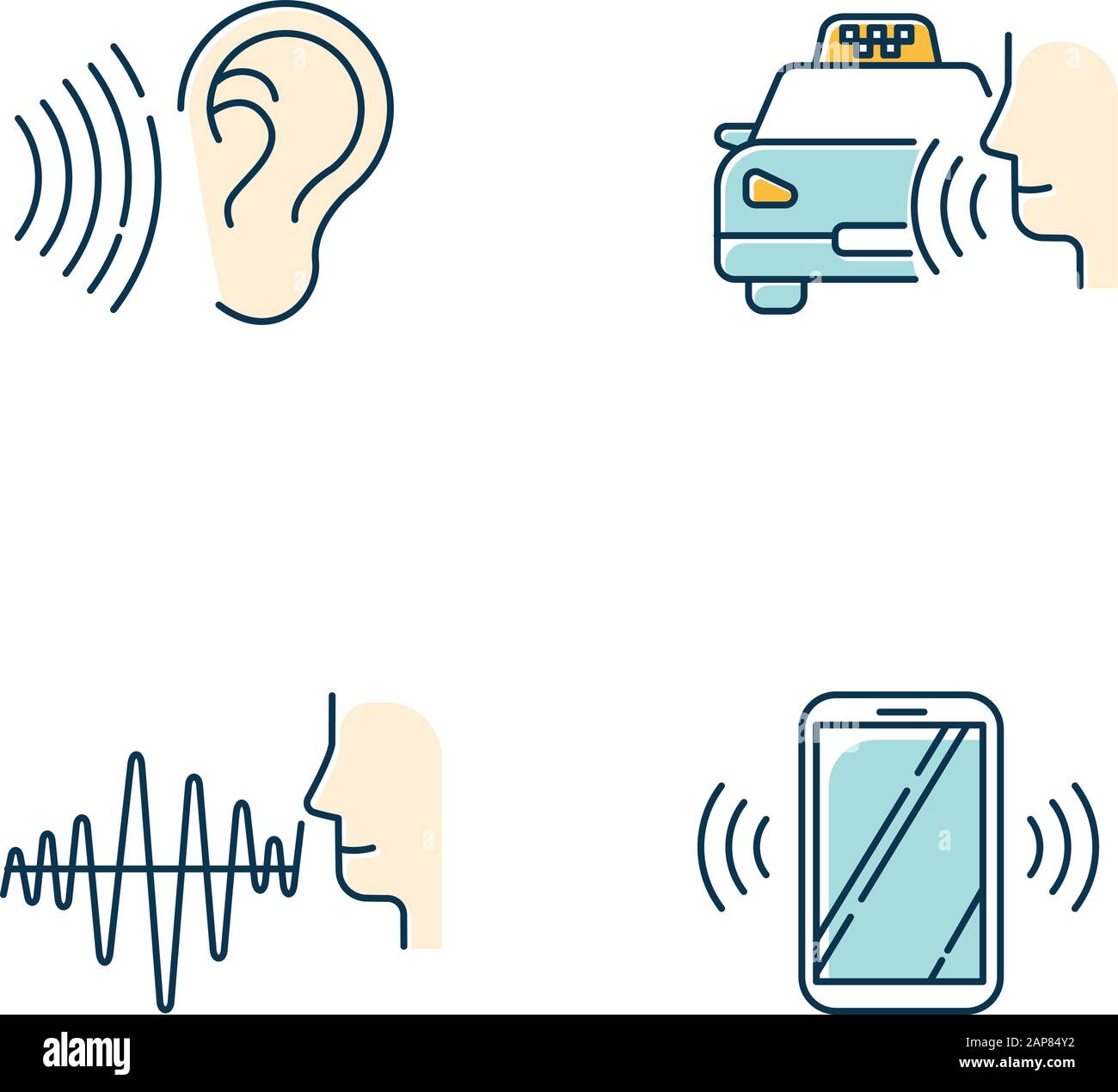 Jeu d'icônes de couleur de reconnaissance vocale en bleu. Idée de commande vocale. Soundwave, commande vocale, commande CAB. Système de réponse interactif. Parlez et écoutez. Virtua Illustration de Vecteur